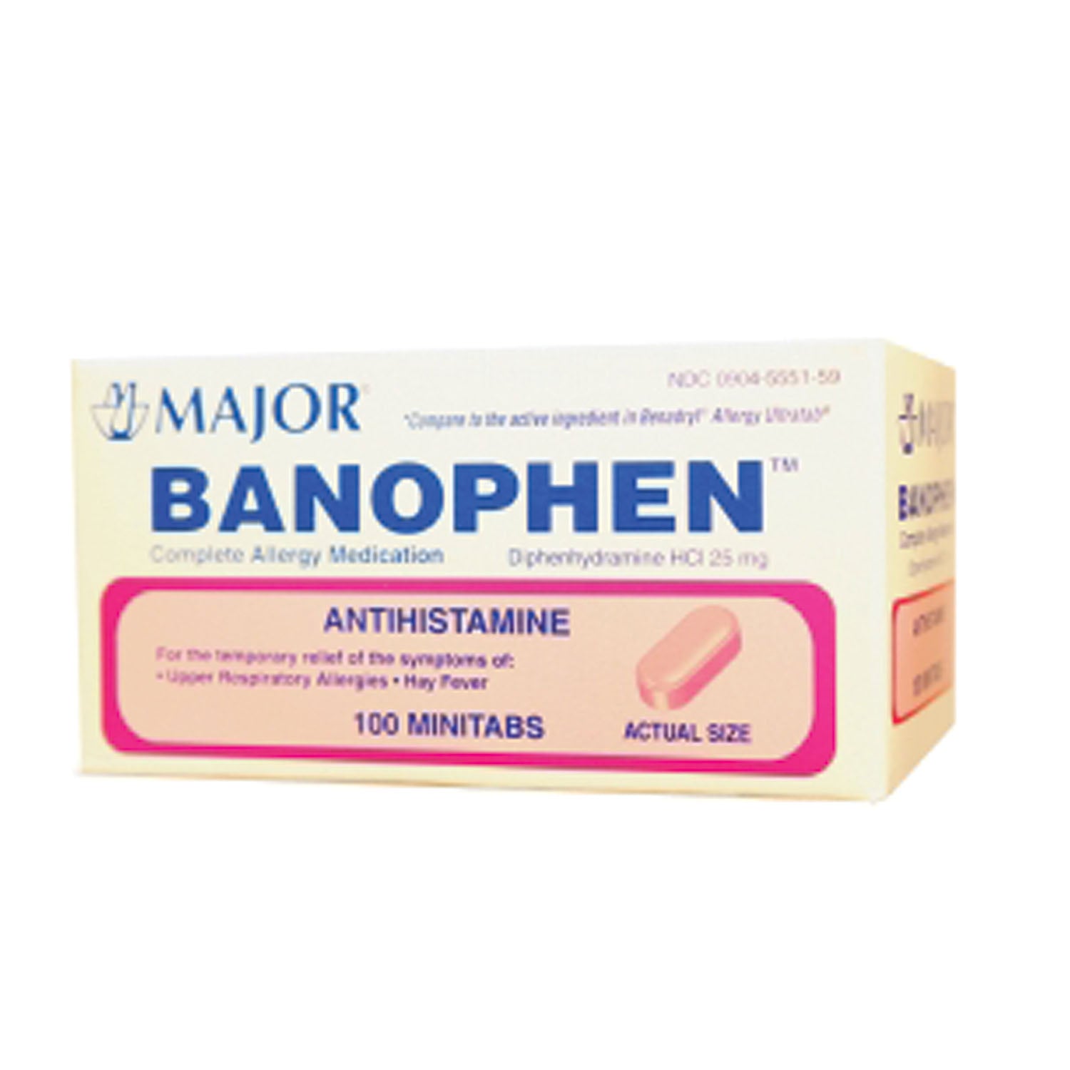 250068 - Major Pharmaceuticals - Banophenā¢, Mini-Tabs, 25mg, 100s, Compare to BenadrylĀ® Mini-Tabs, NDC# 00904-5551-59 (US Only) (Products cannot be sold to retail stores or online retailers such as Amazon, Walmart, eBay, Alibaba, etc.) , ea