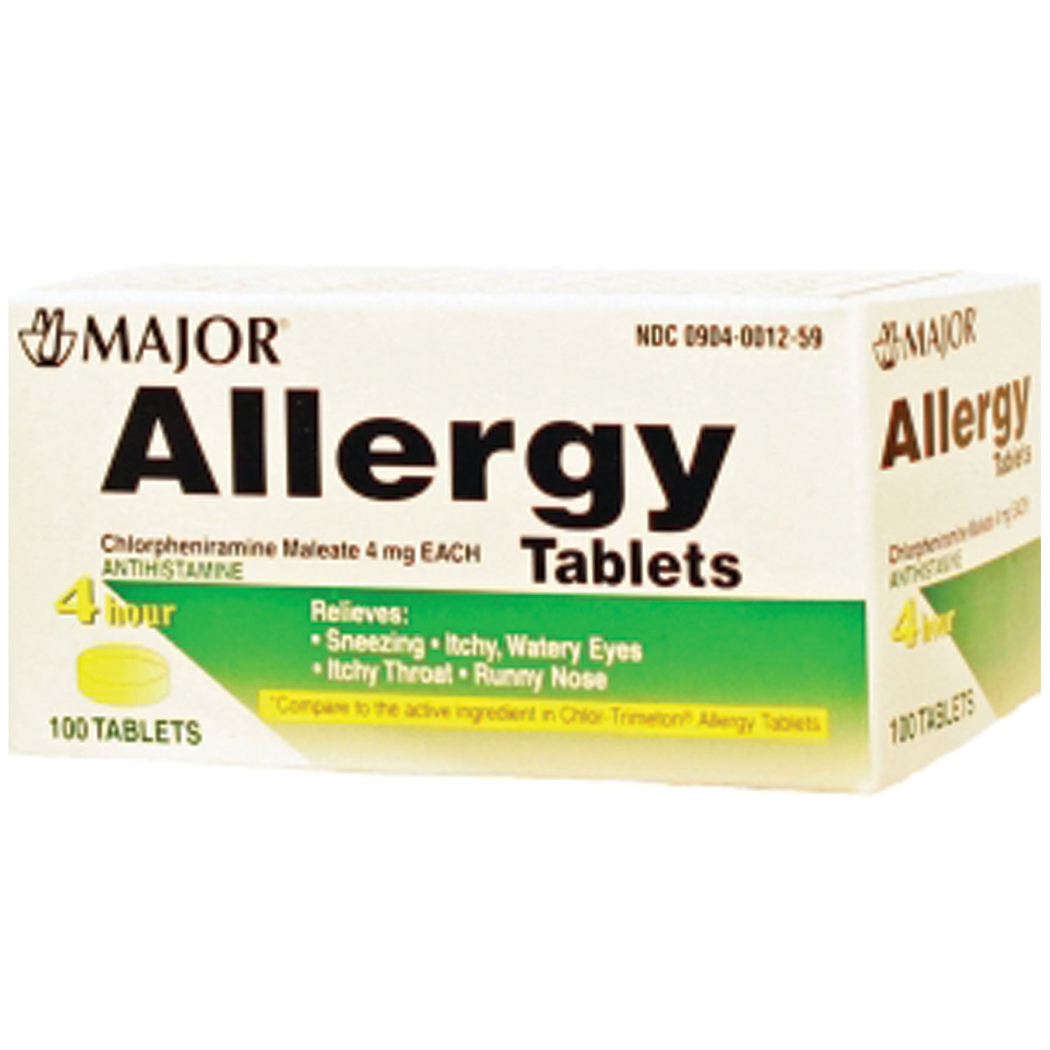700459 - Major Pharmaceuticals - Allergy Tablets, 4mg, 100s, Compare to Chlor-Trimeton® Tabs, NDC# 00904-0012-59 (US Only) (Products cannot be sold to retail stores or online retailers such as Amazon, Walmart, eBay, Alibaba, etc.) , ea