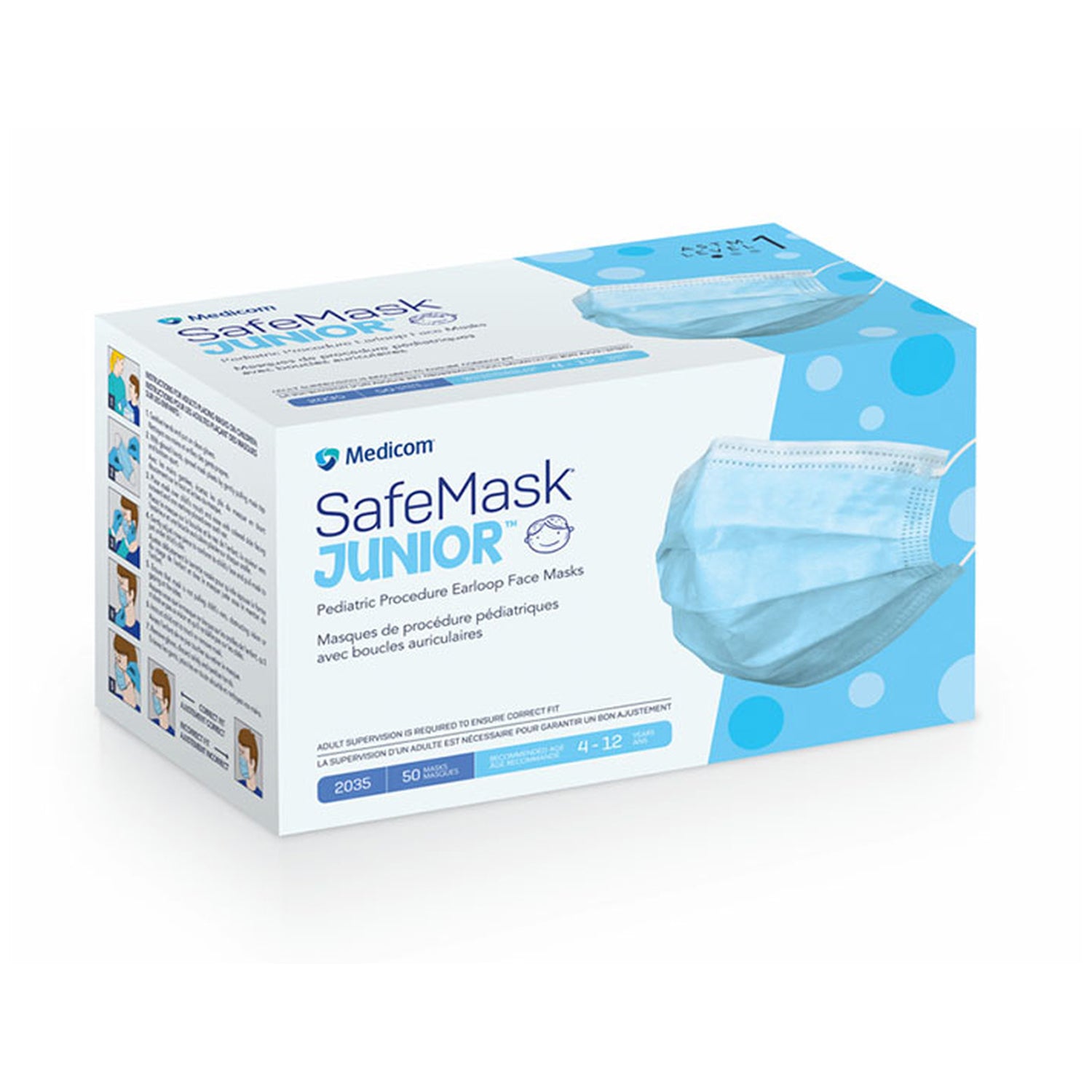 2035 - Medicom, Inc. - SafeMask® Junior Earloop Face Mask, ASTM L1, Blue, 50/bx, 10 bx/cs (Not Available for sale into Canada) , cs