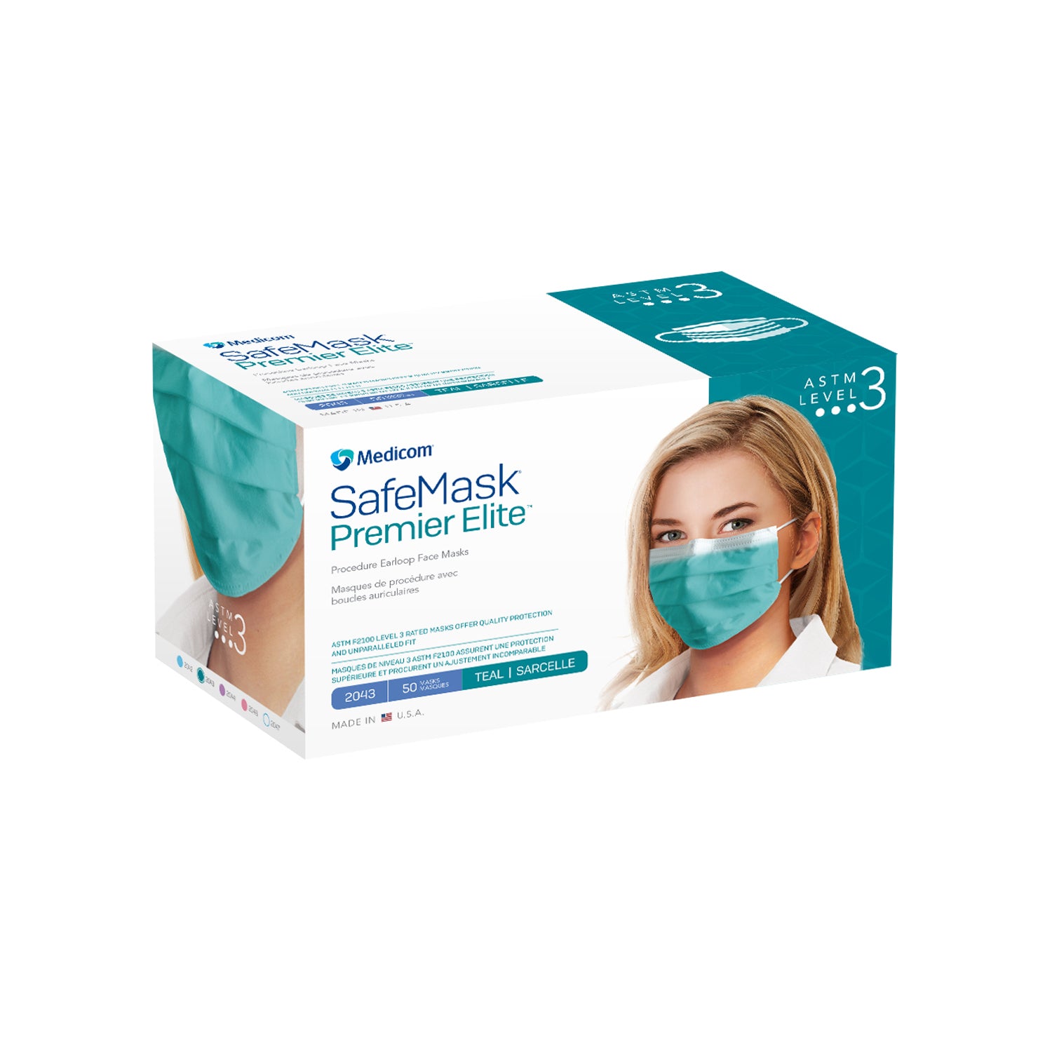 2043 - Medicom, Inc. - Earloop Mask, ASTM Level 3, Teal, 50/bx, 10 bx/cs (Not Available for sale into Canada) , cs