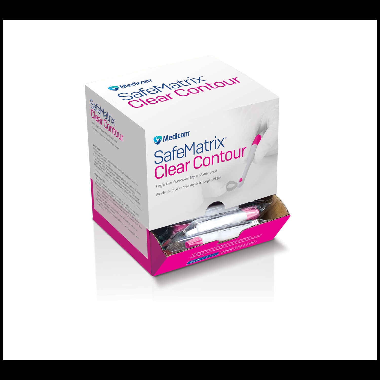 30065 - Medicom, Inc. - Banda Matrix de un solo uso, de contorno transparente. Estrecha, 4,5 mm, rosa, 50 bandas/caja (No disponible para la venta en Canadá).