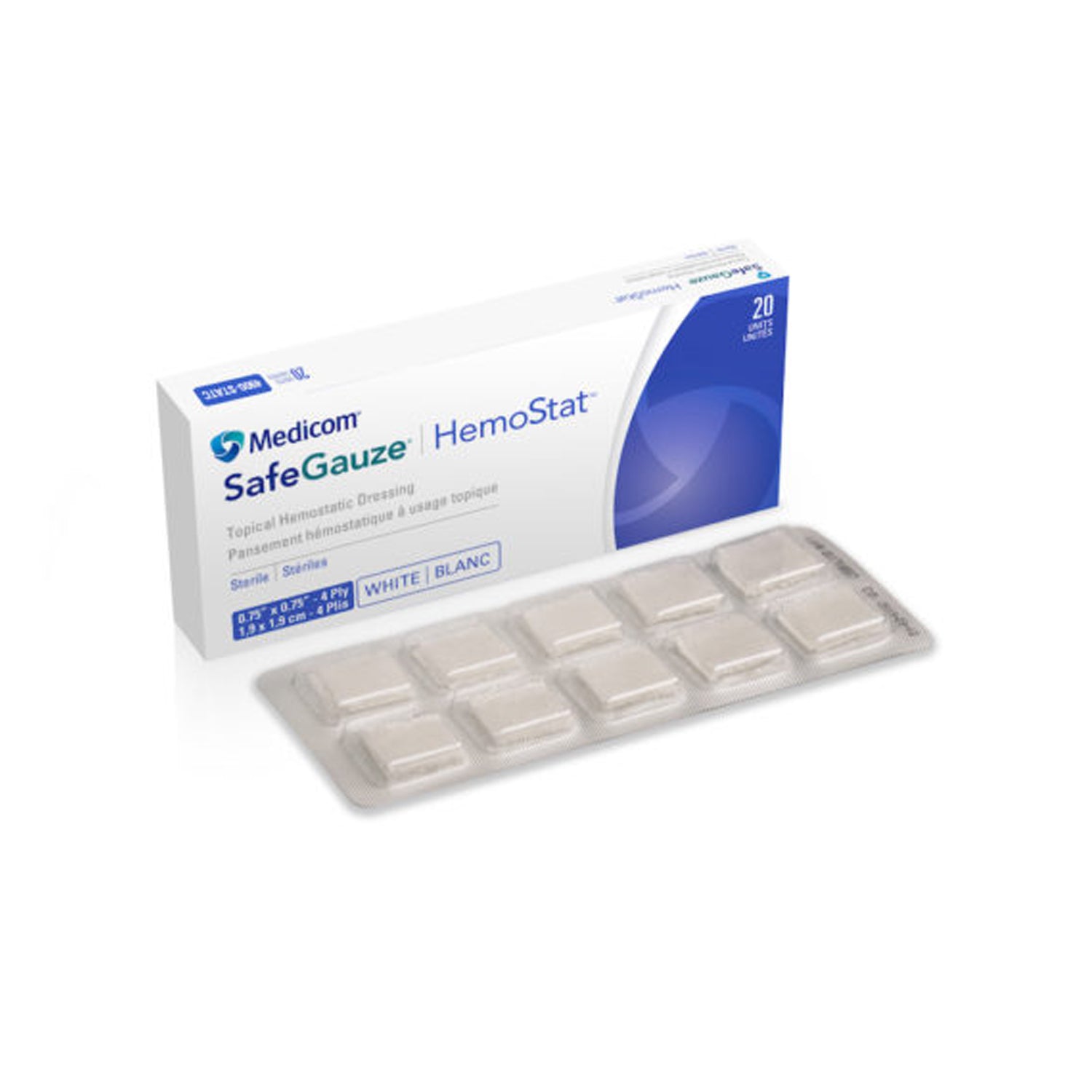 4900-STAT - Medicom, Inc. - Apósito hemostático tópico HemoStat, estéril, 4 capas, 1 apósito/blíster, 10 blísteres/paquete blíster, 2 blísteres/caja, caja