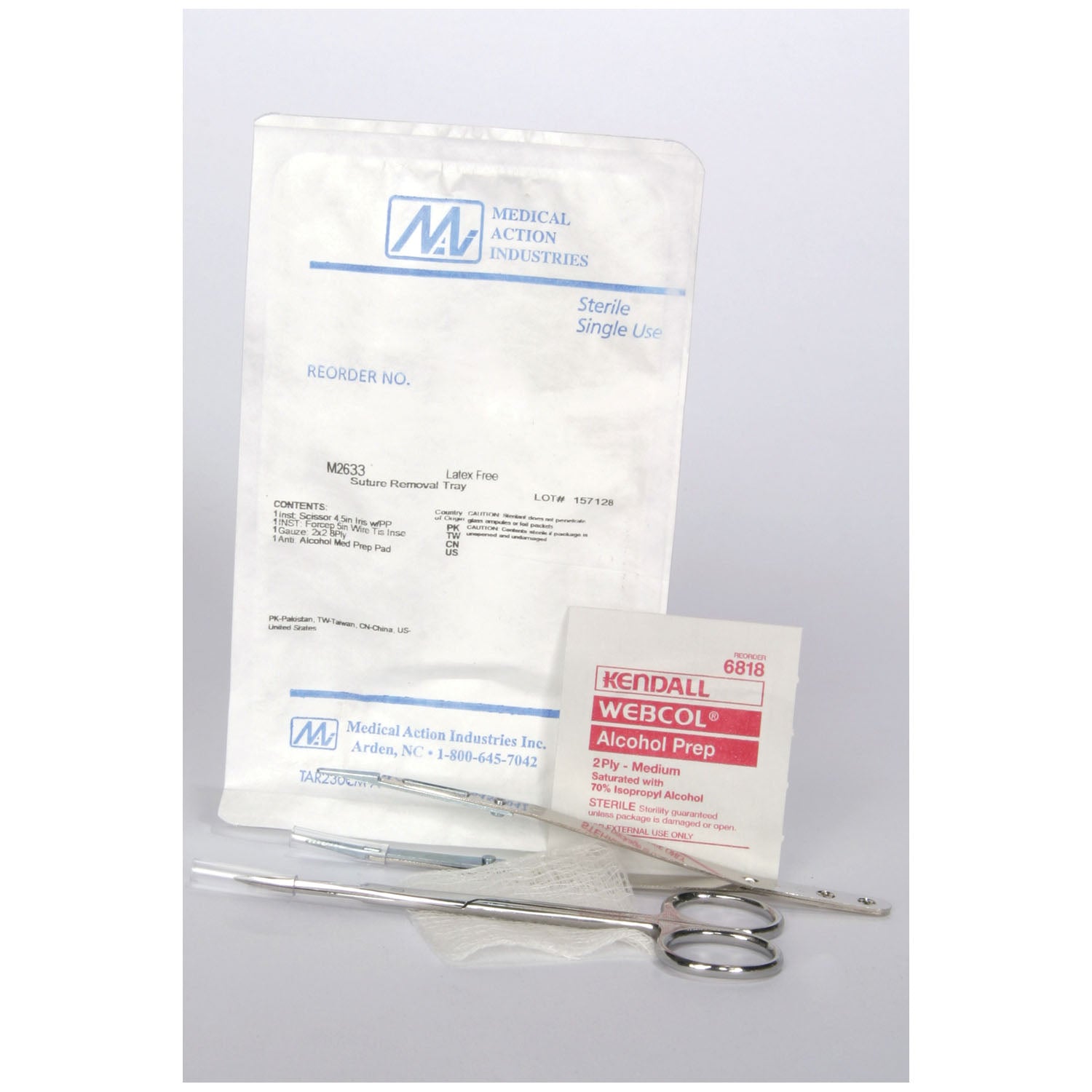 M2633 - Medical Action Industries - Bandeja para kit de extracción de suturas. Incluye: (1) iris de acero inoxidable, (1) fórceps de inserción metálica, (1) apósito con alcohol, (1) gasa de 5 x 5 cm, estéril, 50 unidades/caja.