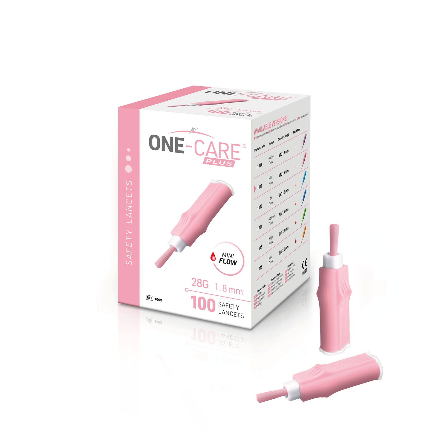 1002 - MediVena - Lanceta de seguridad, 28 G x 1,8 mm, miniflujo, activada por contacto, rosa, caja de 100