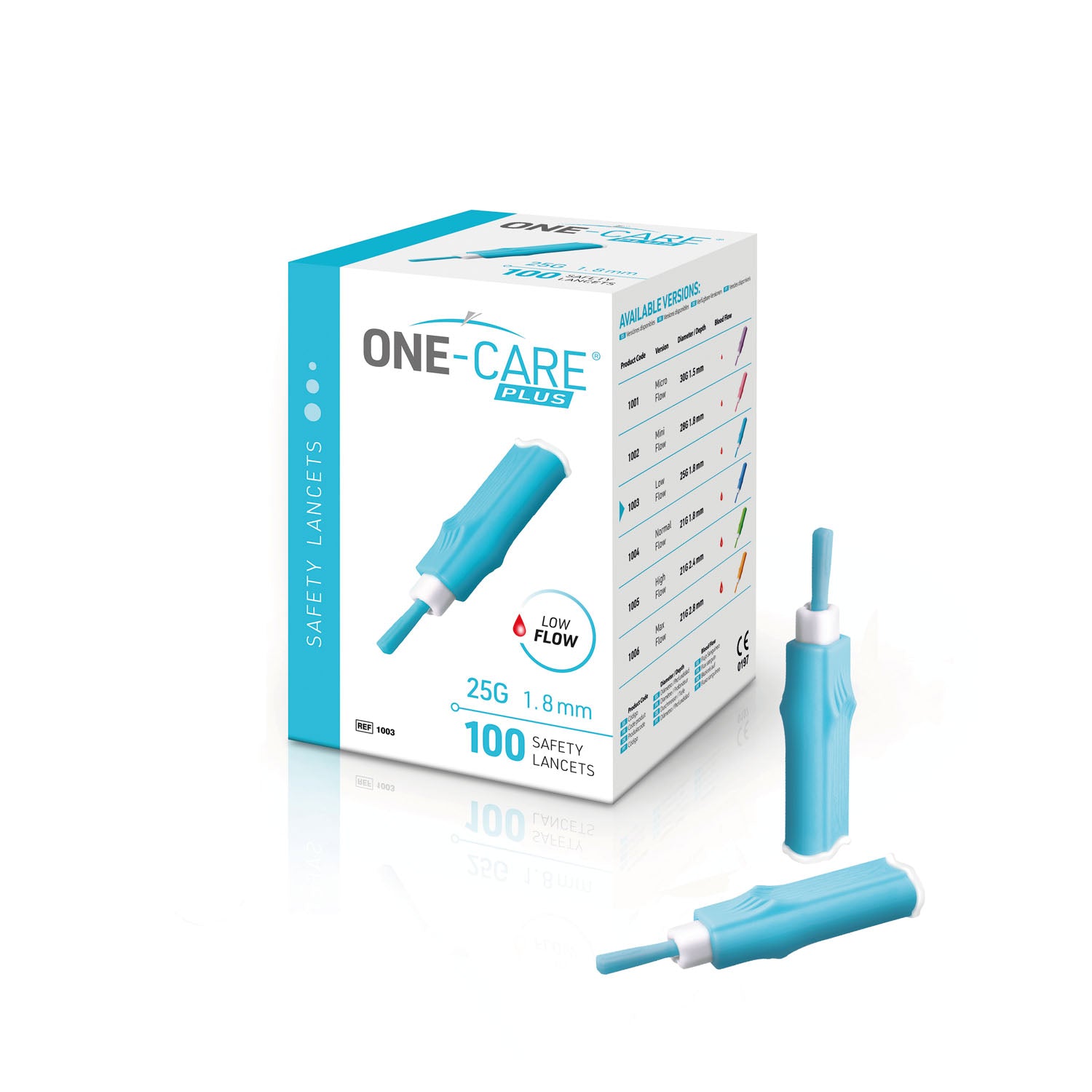 1003 - MediVena - Lanceta de seguridad, 25 G x 1,8 mm, bajo flujo, activada por contacto, azul cielo, 100/caja