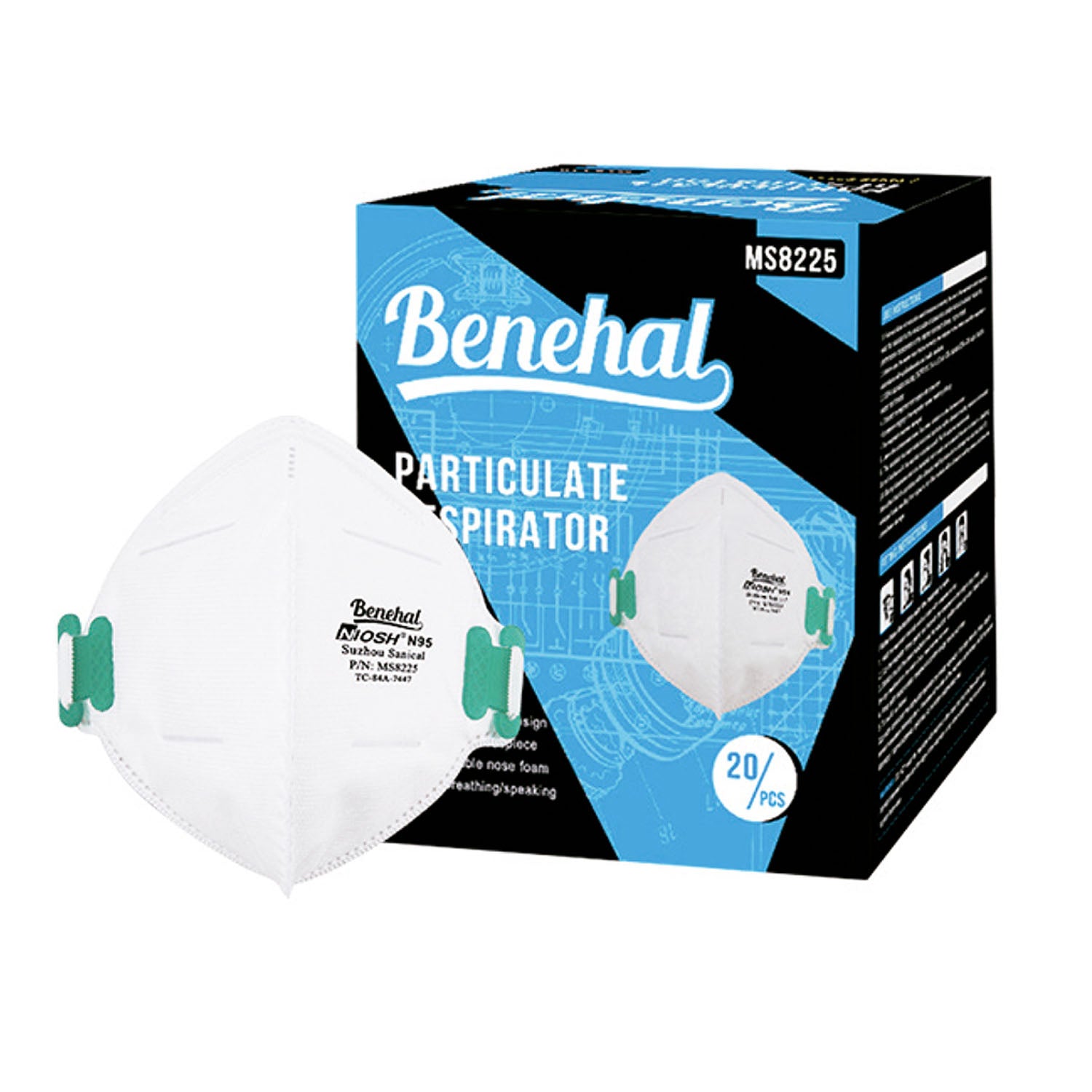 MS8225 - MediVena - Mascarilla quirúrgica N95, certificada por NIOSH, listada por la FDA y los CDC, diseño plegable, 20 unidades por caja (artículo no retornable), caja
