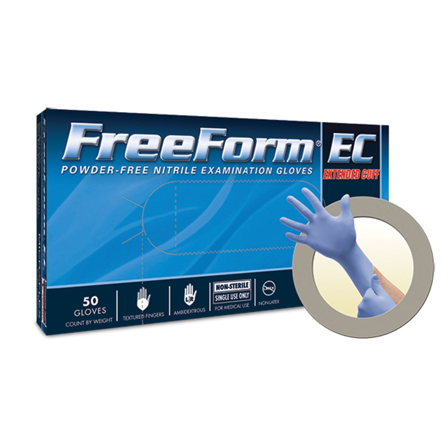 FFE-775-M - Ansell - Exam Gloves, Nitrile Extended Cuff, PF, Latex-Free, Textured Fingers, Blue, Medium, 50/bx, 10 bx/cs (US Only) , cs