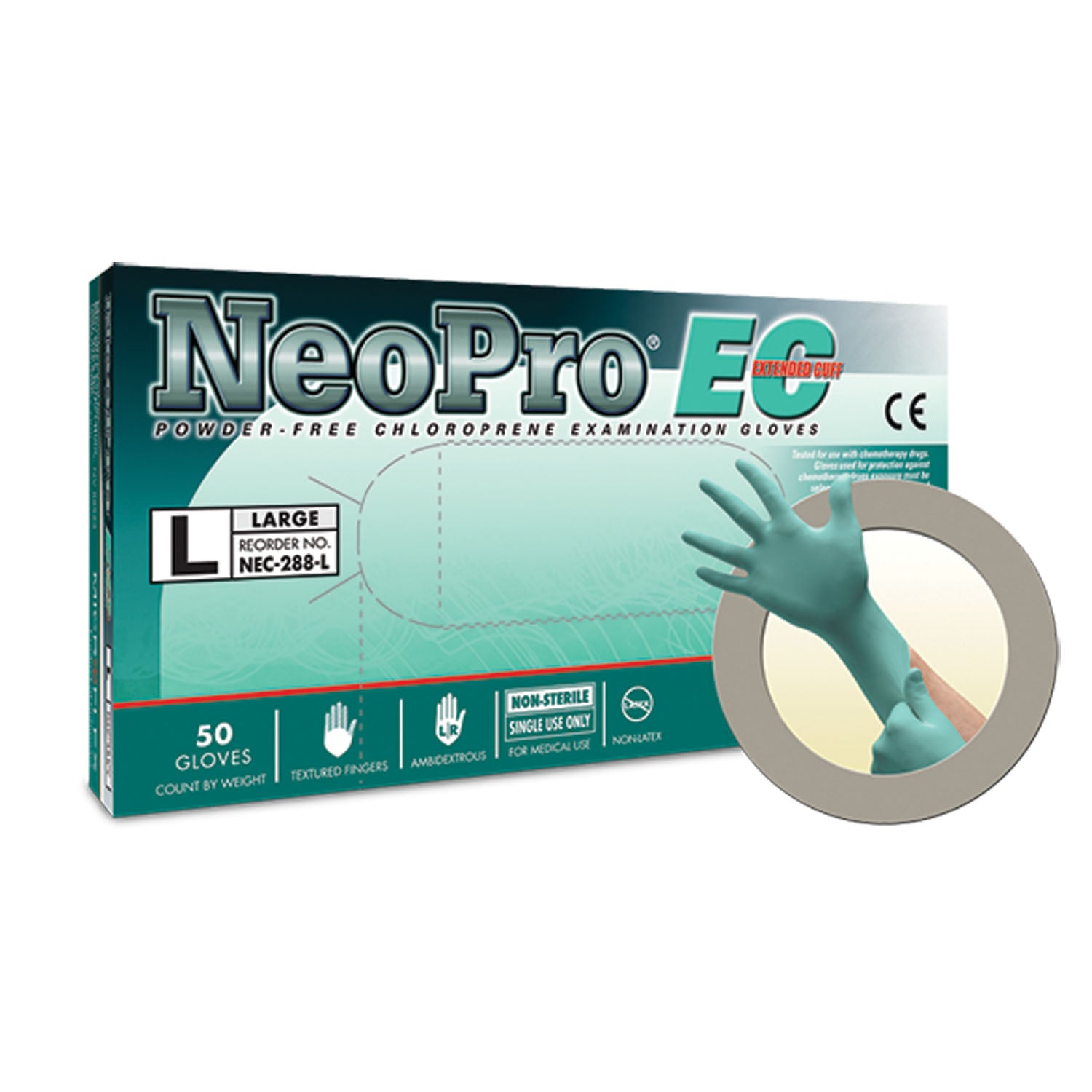 NEC-288-L - Ansell - Exam Gloves, PF Chloroprene, Latex-Free, Extended Cuff & Textured Fingers, Green, Large, 50/bx; 10 bx/cs (US Only) (Item on Manufacturer Backorder – Inventory Limited when Available) , cs