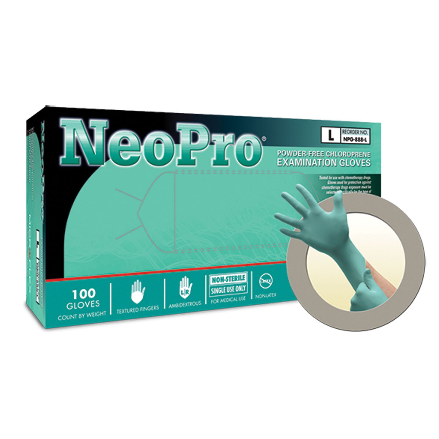 NPG-888-XL - Ansell - Exam Gloves, PF Chloroprene, Latex-Free, Textured Fingers, Green, X-Large, 100/bx, 10 bx/cs (US Only) (Item on Manufacturer Backorder – Inventory Limited when Available) , cs
