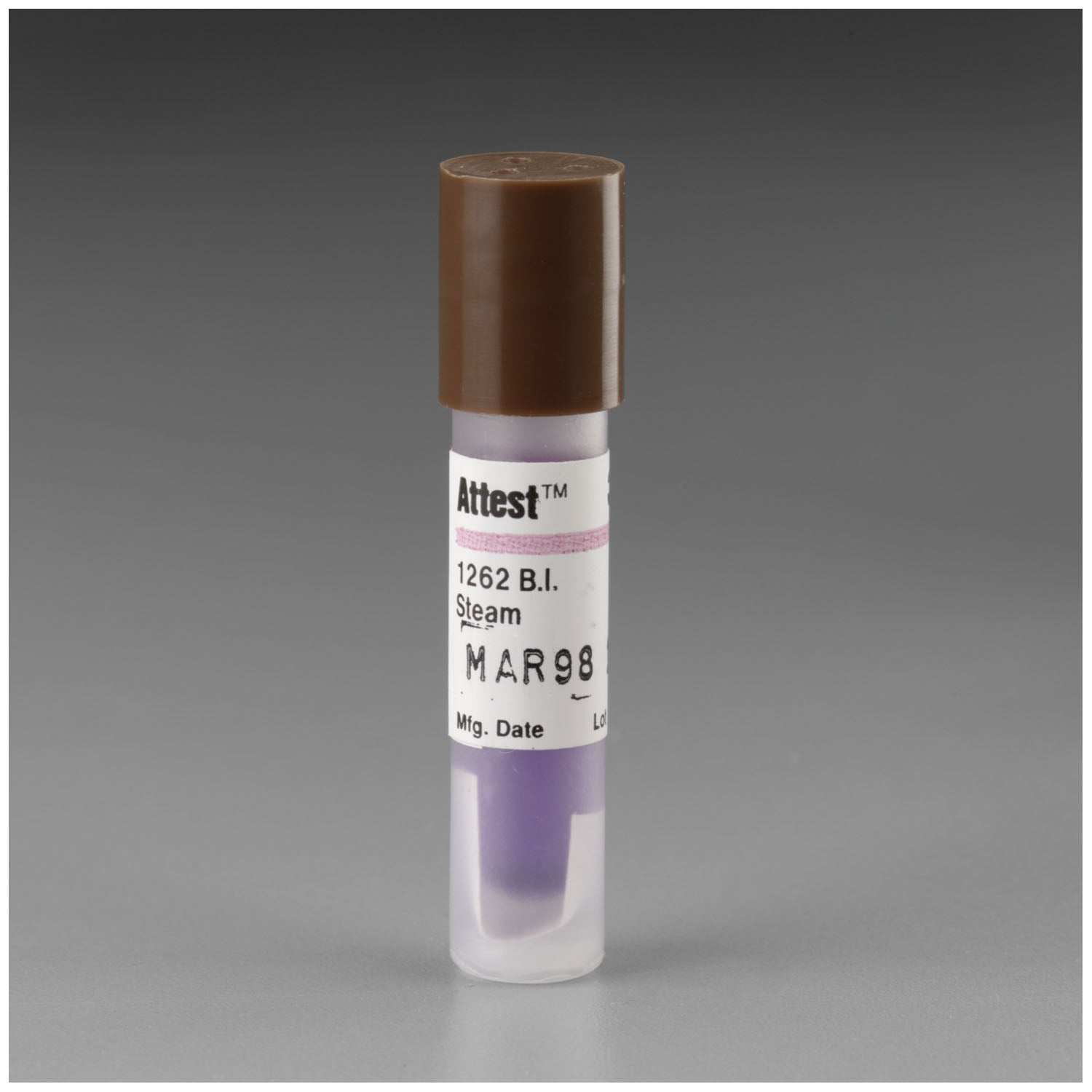 1262P - Solventum Corporation - Indicator For Steam 270°F/ 132°C Vacuum Assisted or 250°F/ 121°C Gravity Sterilizers, 48 Hour Readout, Brown Cap, 25/bx, 4 bx/cs (Continental US+HI Only) , cs