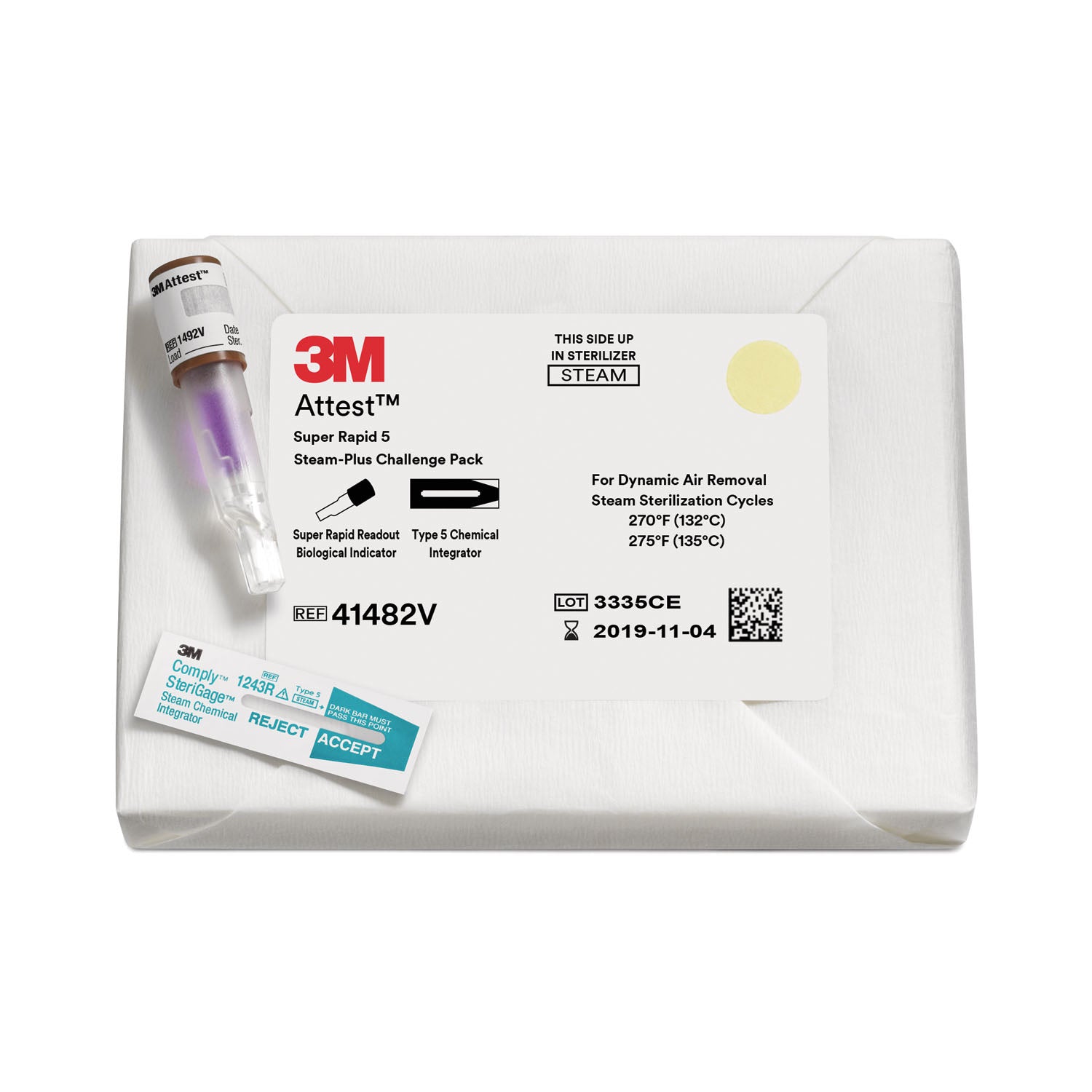 41482V - Solventum Corporation - Super Rapid 5 Steam-Plus Challenge Pack, 24-minute Biological Indicator for 132°C (270°F) 4-Minute and 135°C (275°F) 3-Minute Dynamic-Air-Removal Steam Sterilization. Packs Contain (1) 1492V and (1) Type 5 Chemical Integr