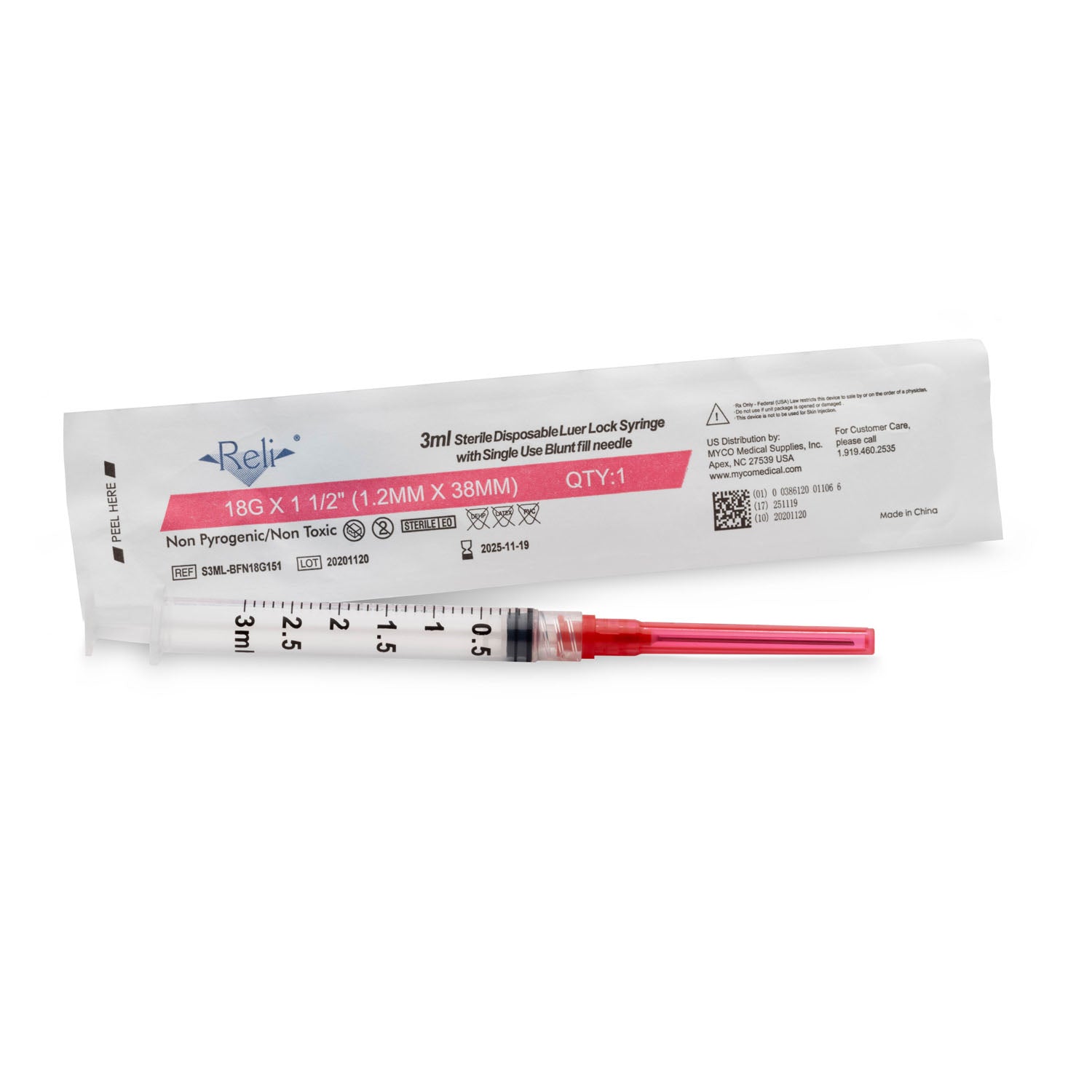 BFN18G151 - Myco Medical - 鈍頭注射針,無菌,一次性使用,不含PVC,18G x 1-1/2英寸,100支/盒(僅限美國),盒