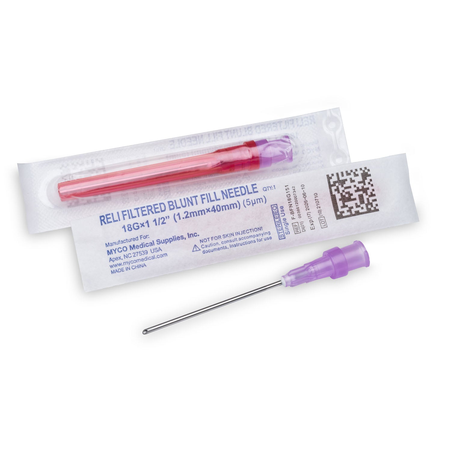 F-BFN18G151 - Myco Medical - 鈍頭填充針,附過濾器,無菌,一次性使用。不含PVC,18G x 1.5英寸,100支/盒,50盒/箱(僅限美國),箱裝