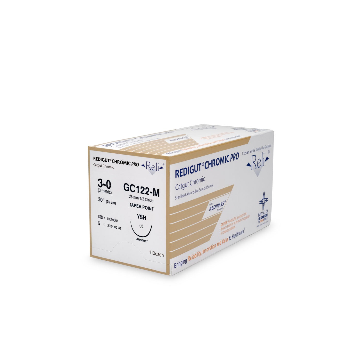 GC122-M - Myco Medical - 縫線,3-0,Redigut,鉻製,天然色,30英寸,YSH,12根/盒(僅限美國),盒