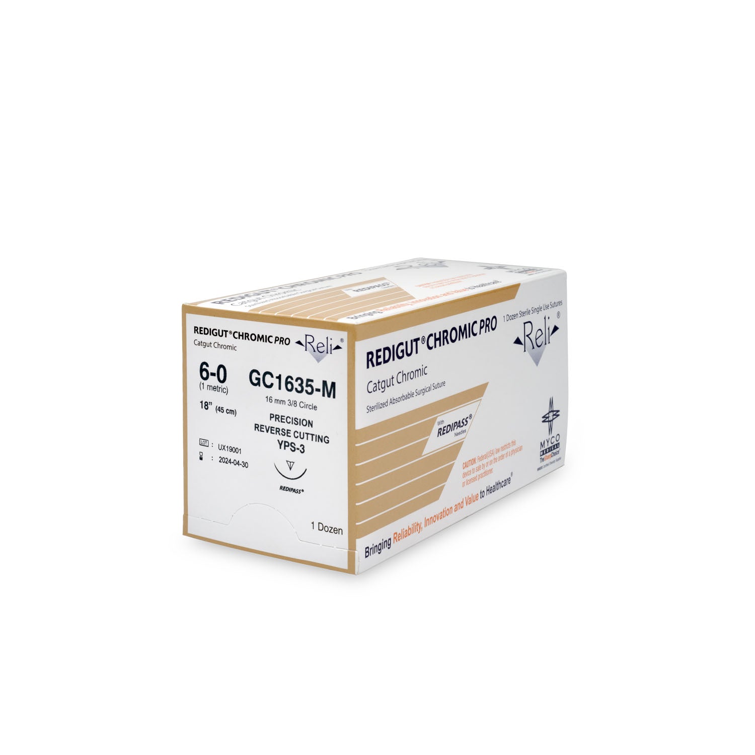 GC1635-M - Myco Medical - 縫線,6-0,Redigut,鉻製,天然色,18英寸,YPS-3,12根/盒(僅限美國),盒