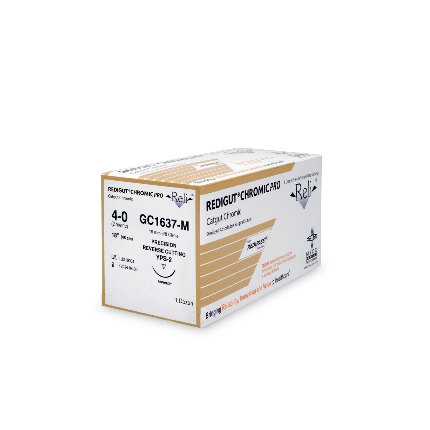 GC1637-M - Myco Medical - 縫線,4-0,Redigut,鉻製,天然色,18英寸,YPS-2,12根/盒(僅限美國),盒