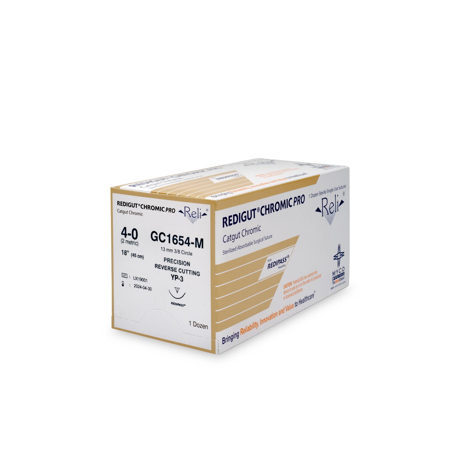 GC1654-M - Myco Medical - 縫線,4-0,Redigut,鉻製,天然色,18英寸,YPS-3,12根/盒(僅限美國),盒