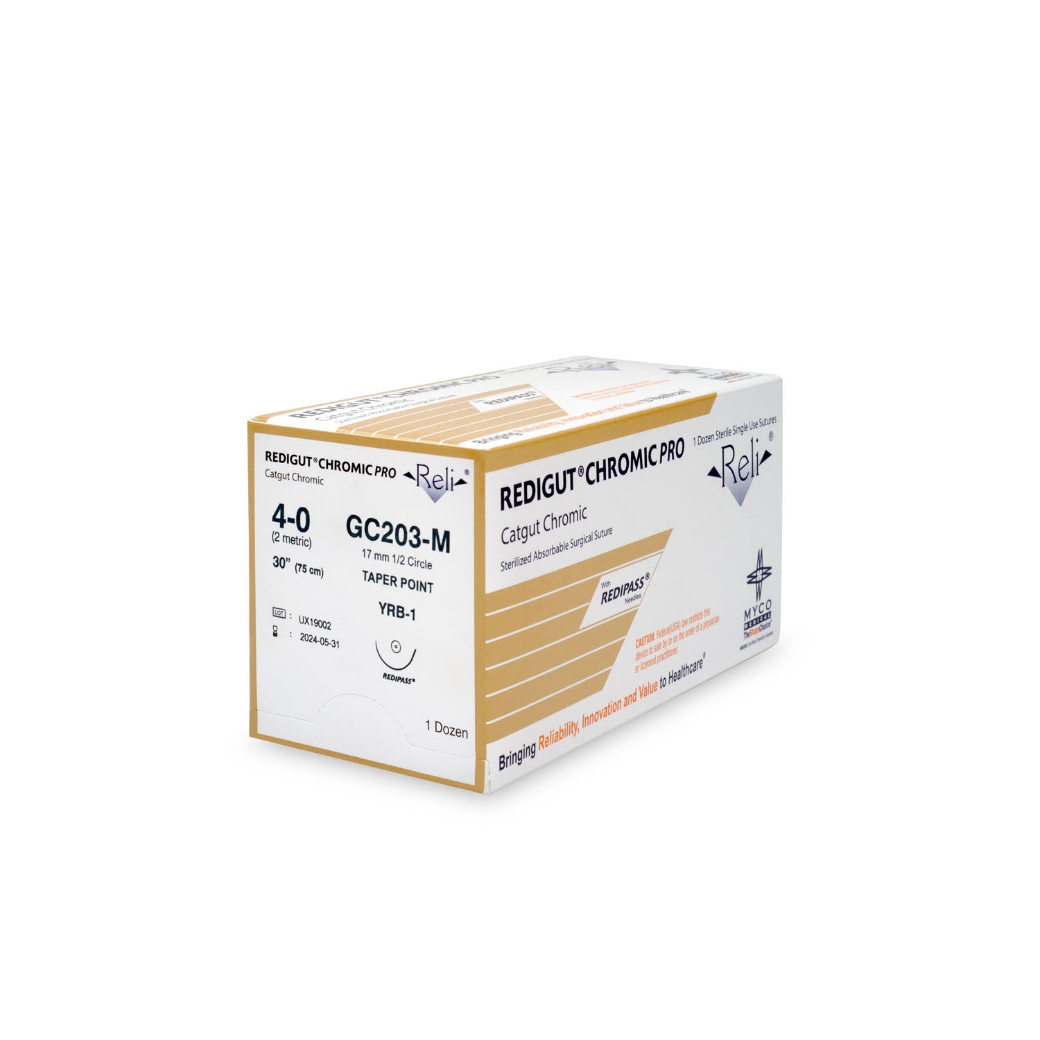 GC203-M - Myco Medical - 縫線,4-0,Redigut,鉻製,天然色,30英寸,YRB-1,12根/盒(僅限美國),盒
