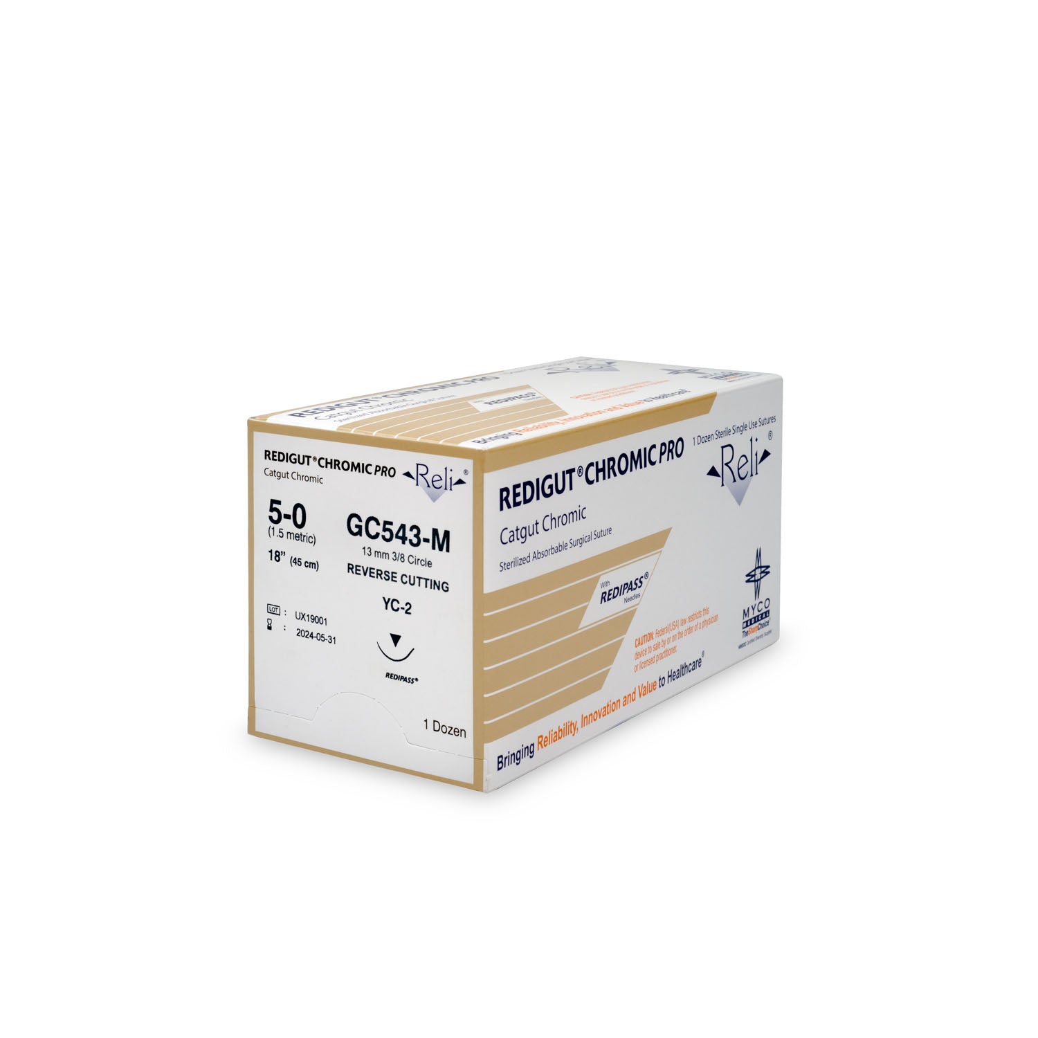 GC543-M - Myco Medical - 縫線,5-0,Redigut,鉻製,天然色,18英寸,YC-2,12根/盒(僅限美國),盒