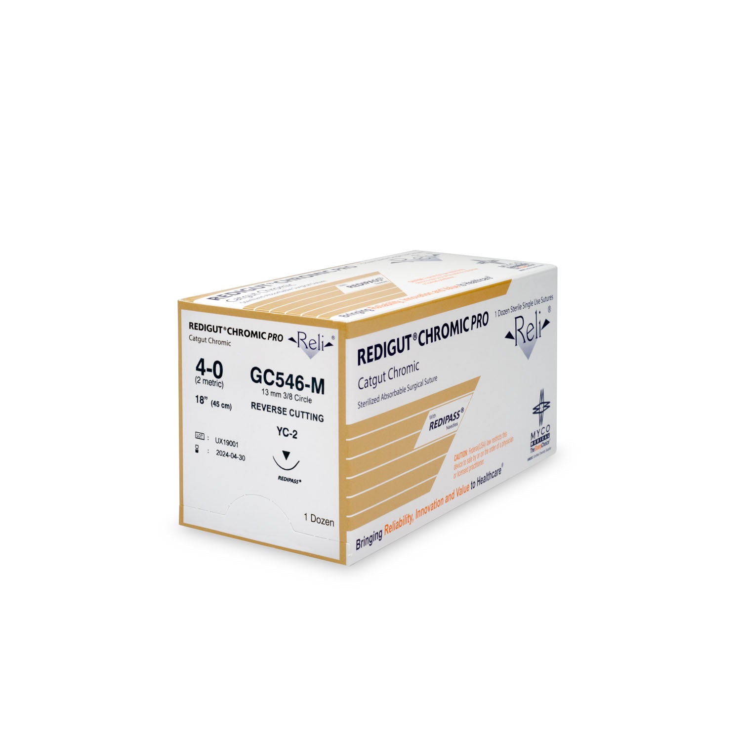 GC546-M - Myco Medical - 縫線,4-0,Redigut,鉻製,天然色,18英寸,YC-2,12根/盒(僅限美國),盒