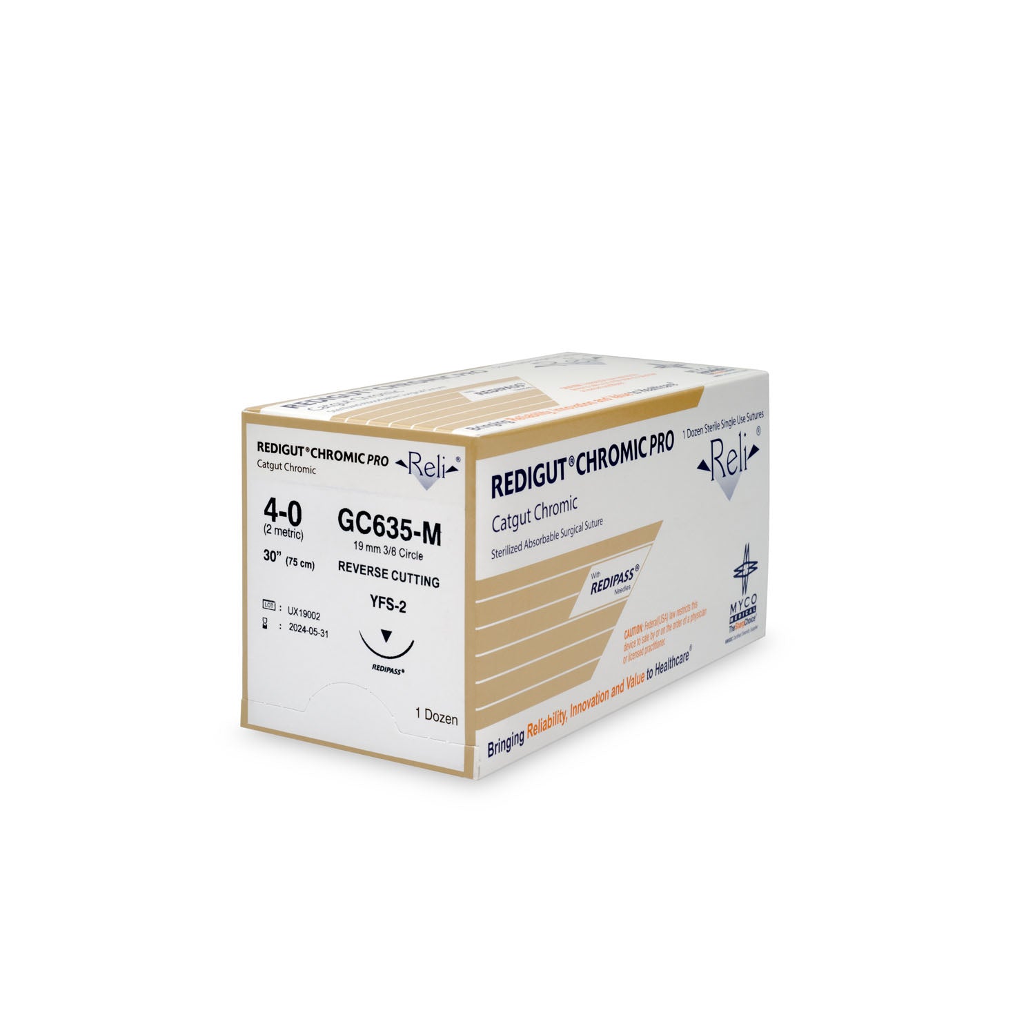 GC635-M - Myco Medical - 縫線,4-0,Redigut,鉻製,天然色,30英寸,YFS-2,12根/盒(僅限美國),盒