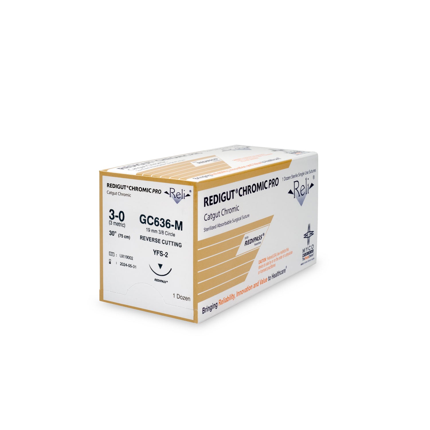 GC636-M - Myco Medical - 縫線,3-0,Redigut,鉻製,天然色,30”,YFS-2,12/盒(僅限美國),盒