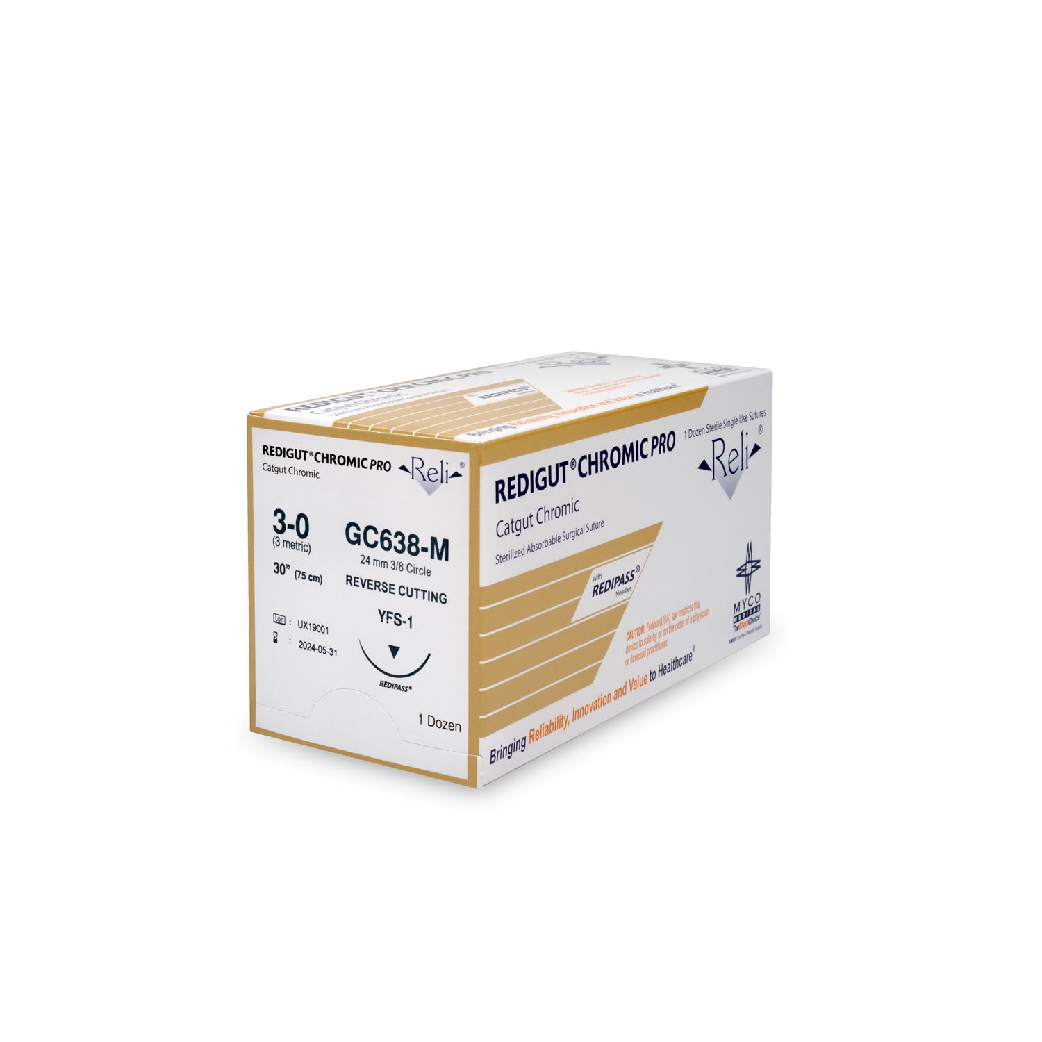 GC638-M - Myco Medical - 縫線,3-0,Redigut,鉻製,天然色,30”,YFS-1,12/盒(僅限美國),盒