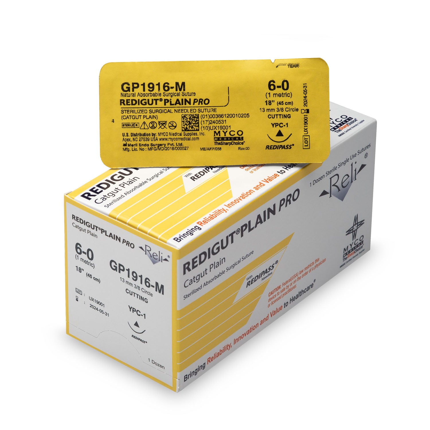 GP1916-M - Myco Medical - 縫合線,6-0,迴腸型,普通型,天然色,18英寸,YPC-1,12條/盒(僅限美國),盒