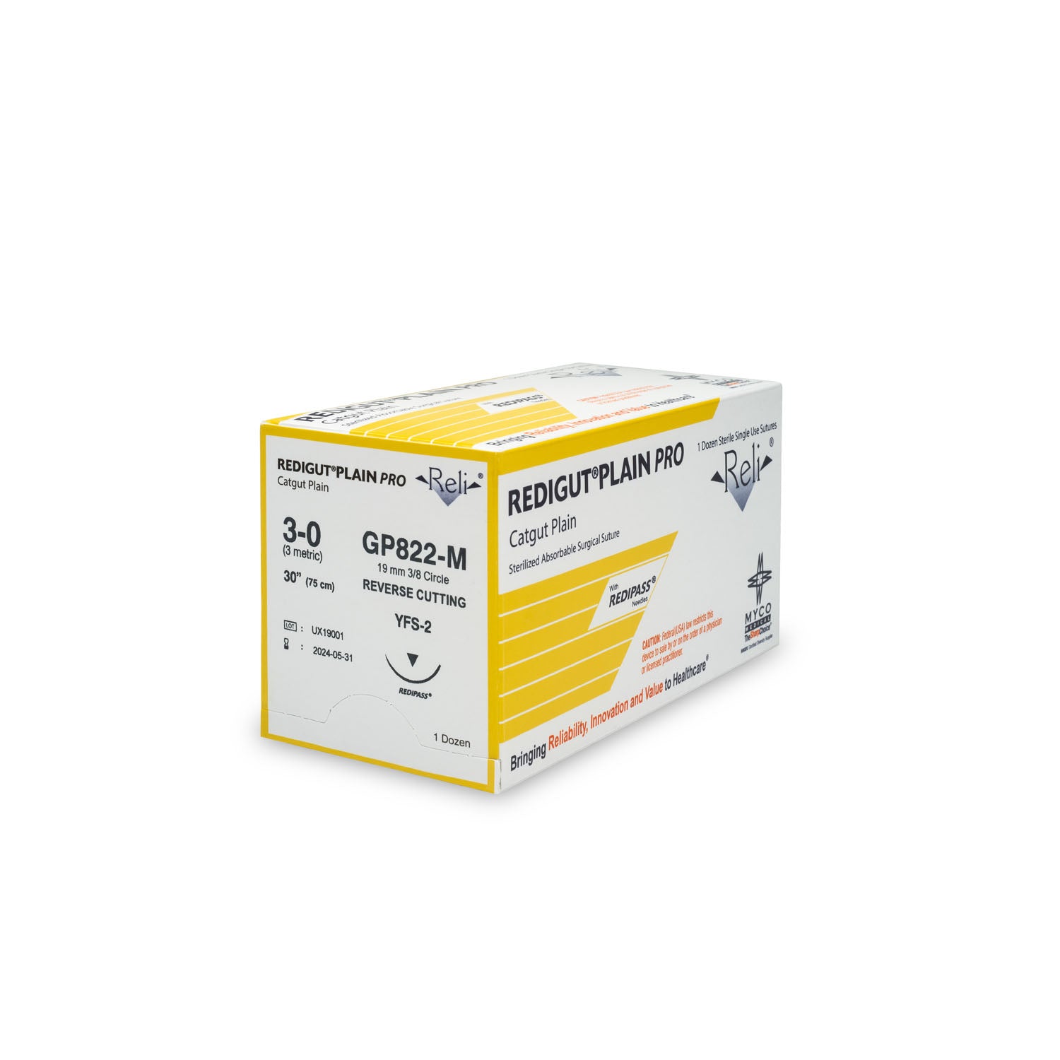 GP822-M - Myco Medical - 縫合線,3-0,迴腸型,普通型,天然色,30英寸,YFS-2,12根/盒(僅限美國),盒