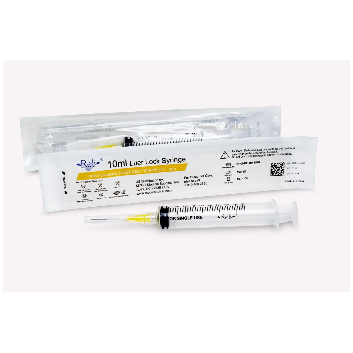 HYP20G101-RW-S10ML - Myco Medical - Syringe with Detachable Hypodermic Needle, 10 mL, 20G x 1", Regular Wall/Bevel, 100/bx (US Only) , bx