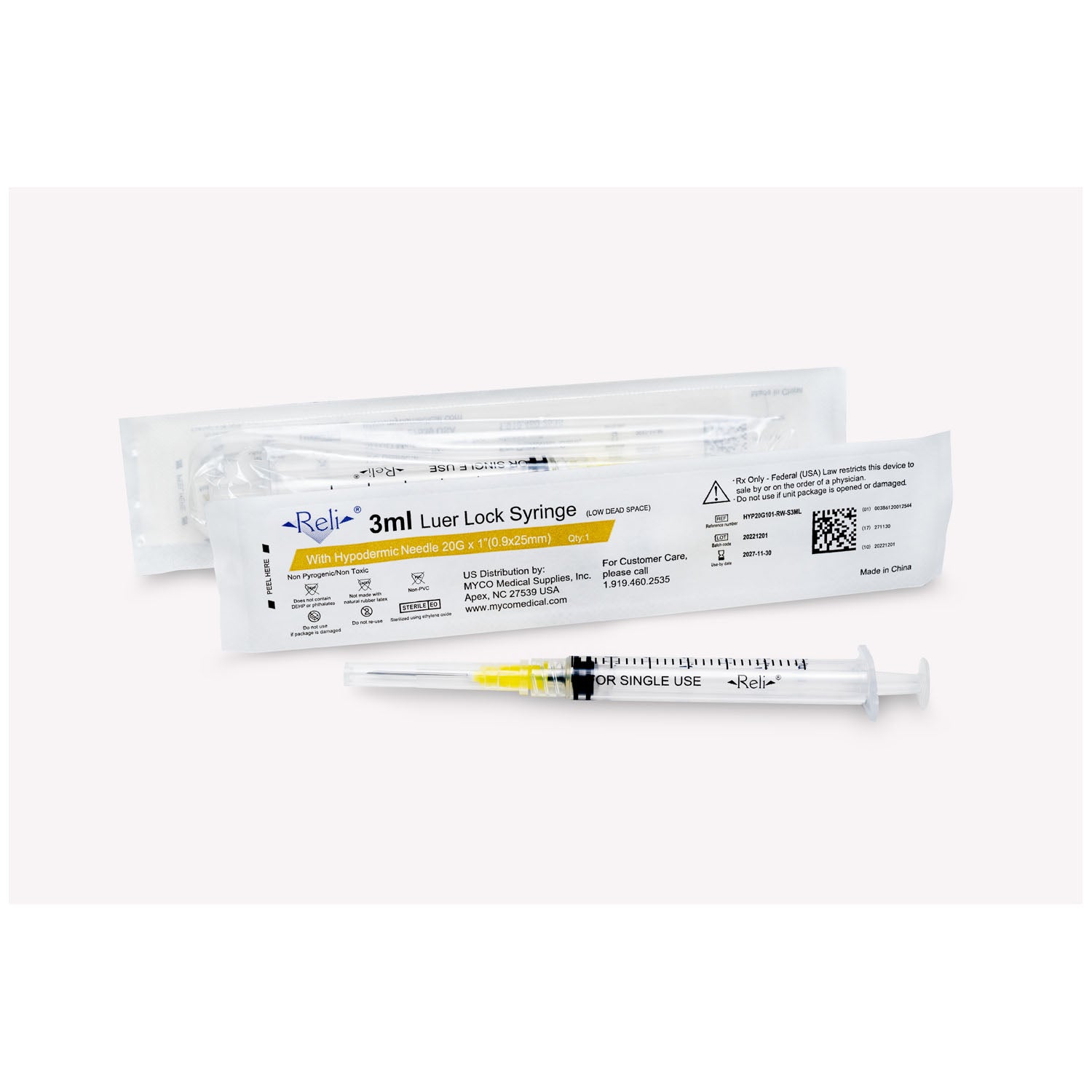 HYP20G101-RW-S3ML - Myco Medical - Syringe with Detachable Hypodermic Needle, 3 mL, 20G x 1", Low Dead Space, Regular Wall/Bevel, 100/bx (US Only) , bx