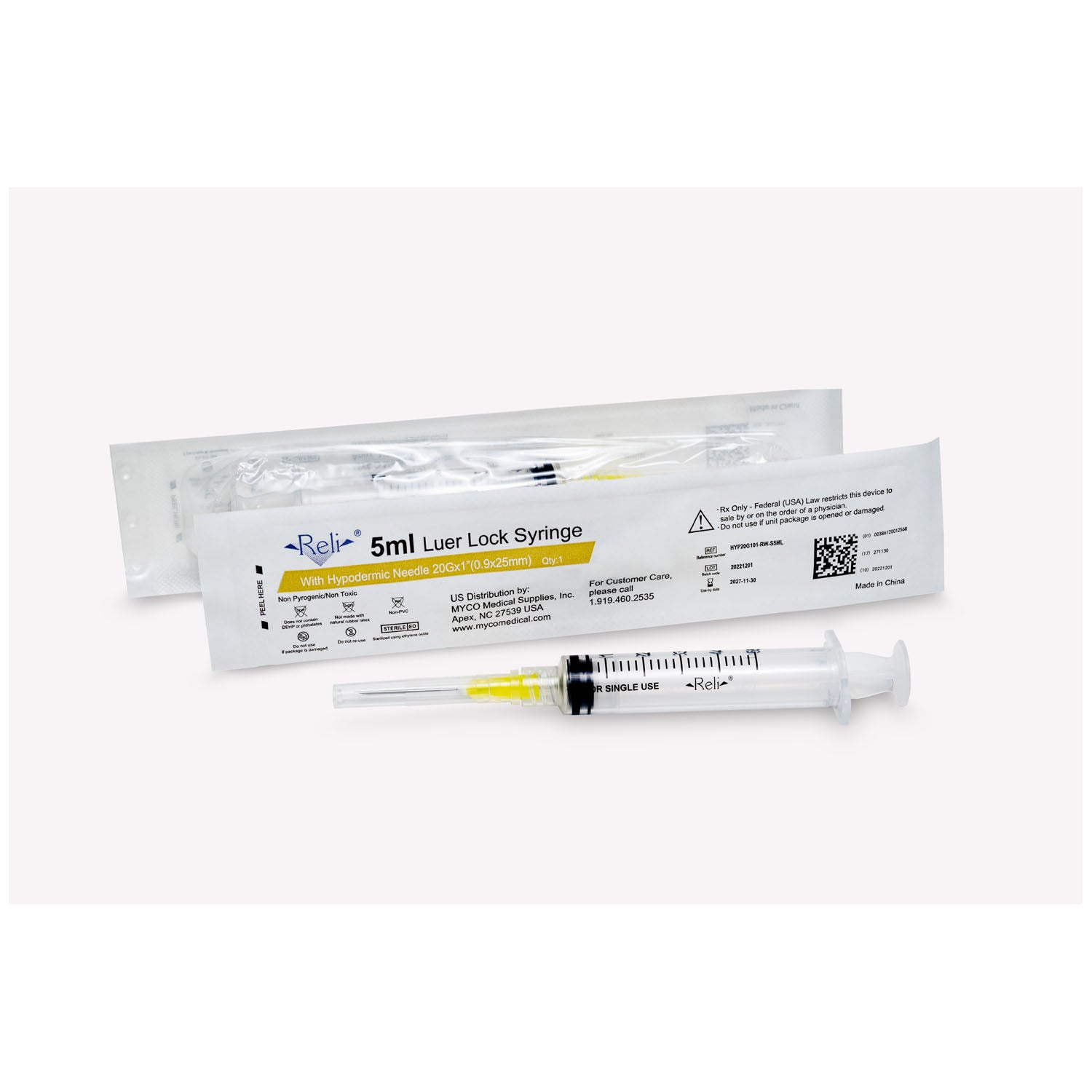 HYP20G101-RW-S5ML - Myco Medical - Syringe with Detachable Hypodermic Needle, 5 mL, 20G x 1", Regular Wall/Bevel, 100/bx (US Only) , bx