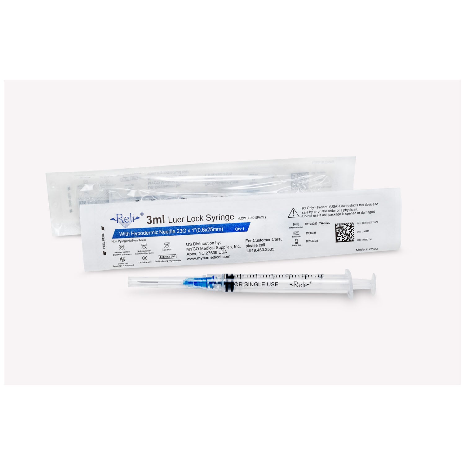 HYP23G101-TW-S3ML - Myco Medical - Syringe with Detachable Hypodermic Needle, 3 mL, 23G x 1", Low Dead Space, Thin Wall, Regular Bevel, 100/bx (US Only) , bx