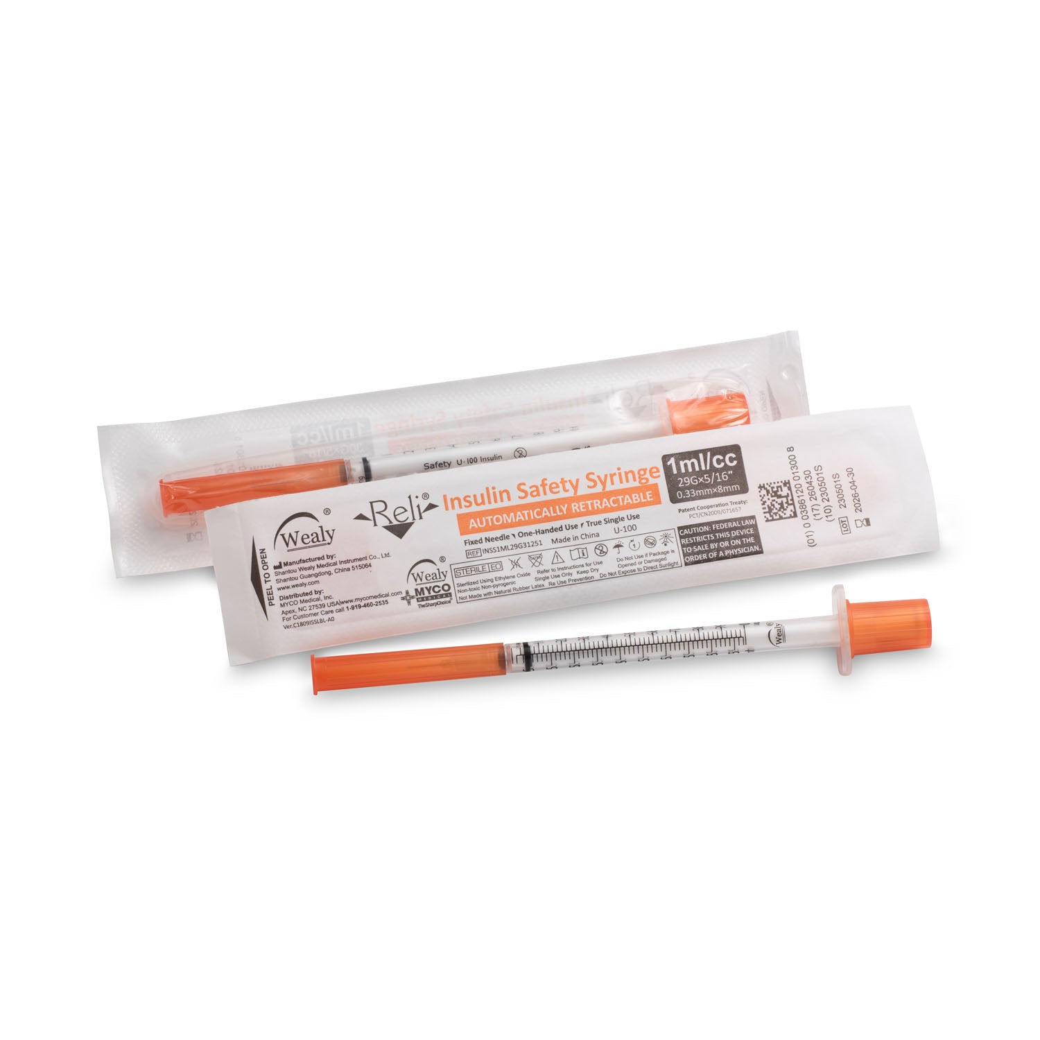 INSS1ML29G31251 - Myco Medical - Safety Insulin Hypodermic Needle with 1mL Syringe, 29G x 5/16", 100/bx (Available for Sale in US & Canada) , bx
