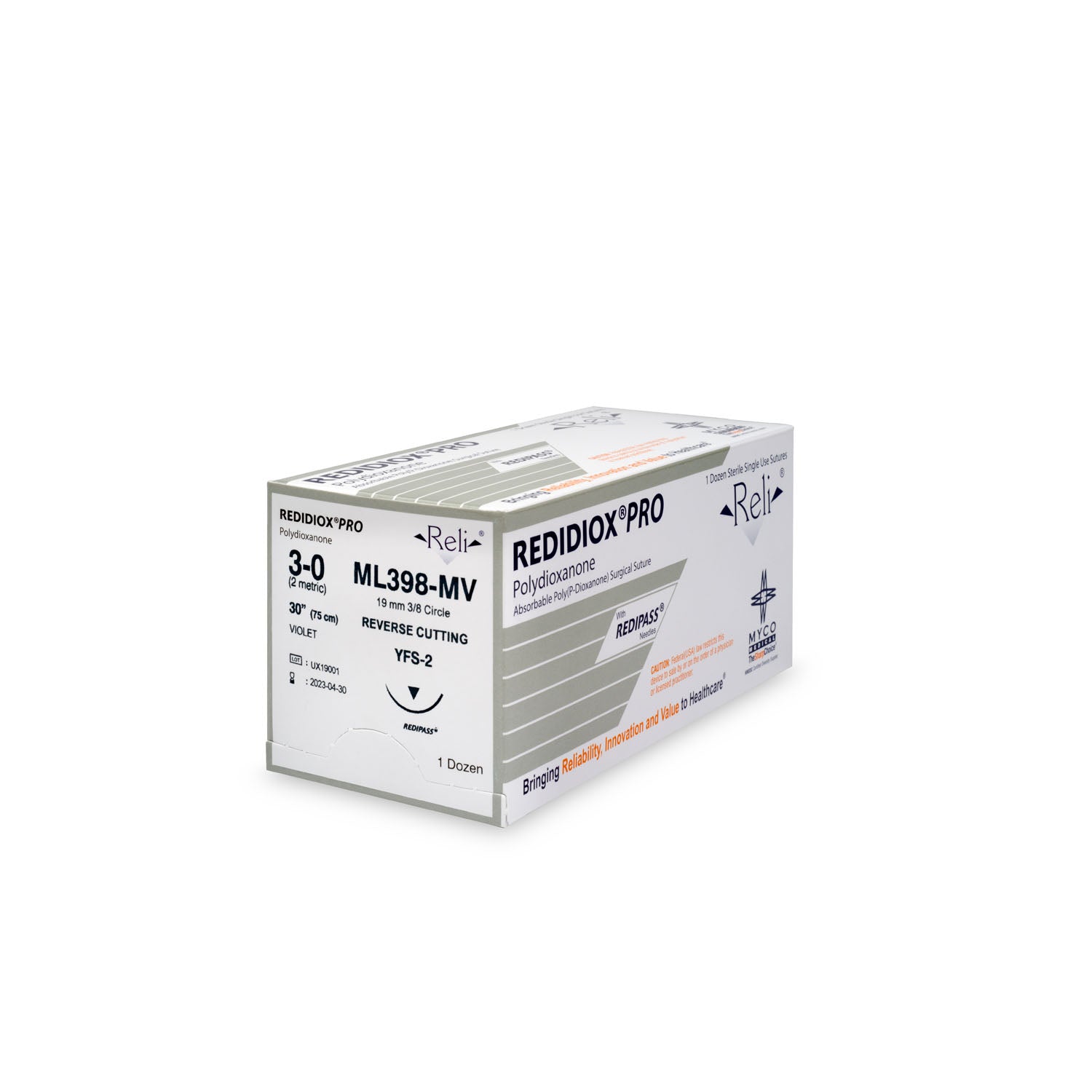 ML398-MV - Myco Medical - 縫線,3-0,Redidiox,紫色,單絲,30”,YFS-2,12/盒(僅限美國),盒