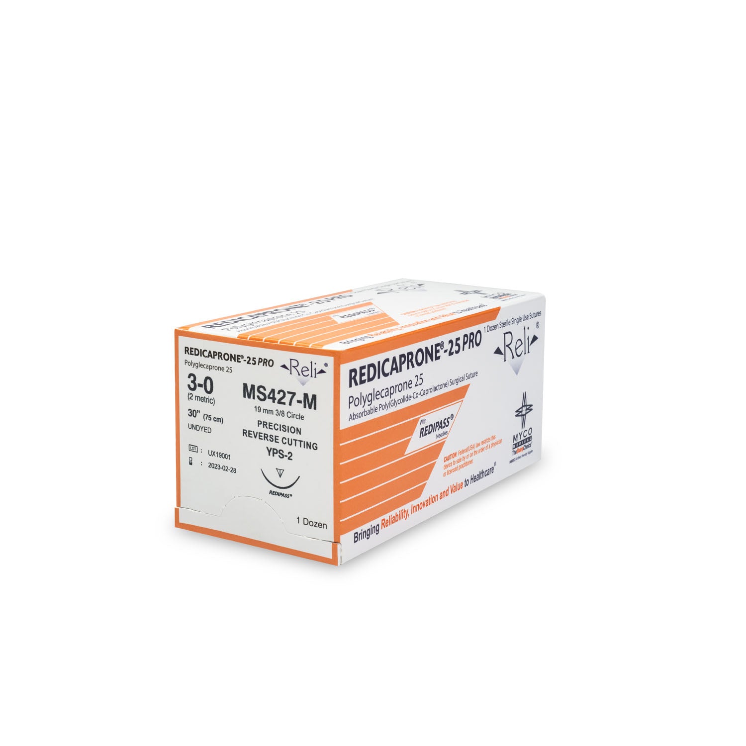 MS427-M - Myco Medical - 縫線,3-0,Redicaprone,未染色,單絲,30”,YPS-2,12/盒(僅限美國),盒