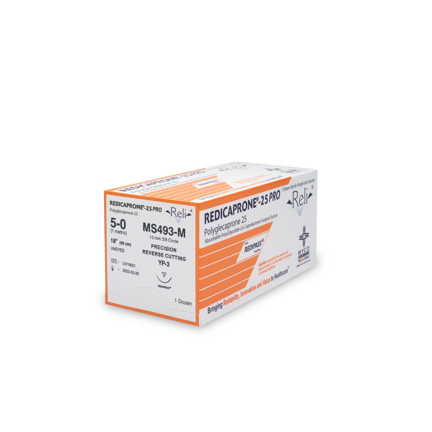 MS493-M - Myco Medical - 縫線,5-0,Redicaprone,未染色,單絲,18英寸,YP-3,12條/盒(僅限美國),盒
