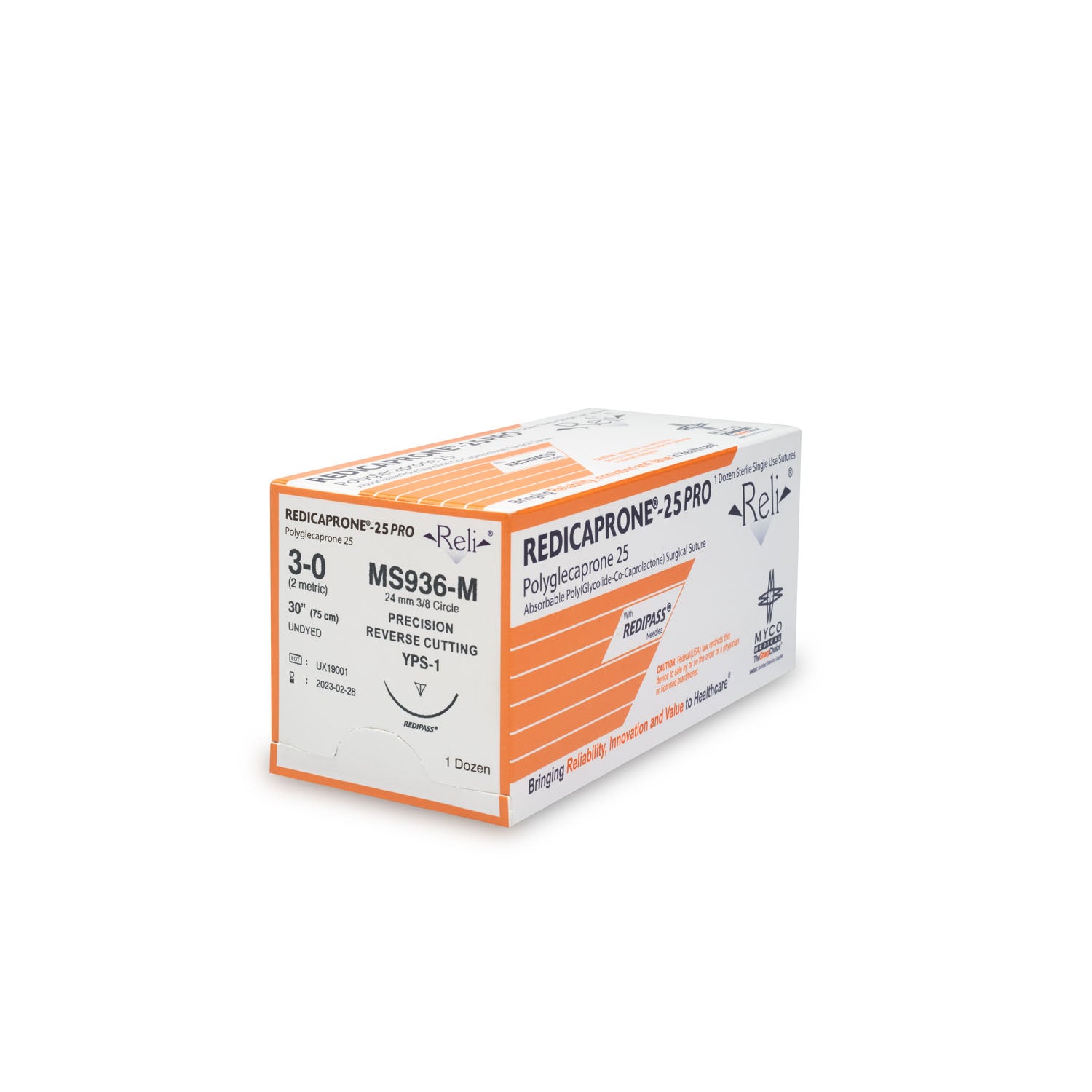 MS936-M - Myco Medical - 縫線,3-0,Redicaprone,未染色,單絲,30”,YPS-1,12/盒(僅限美國),盒