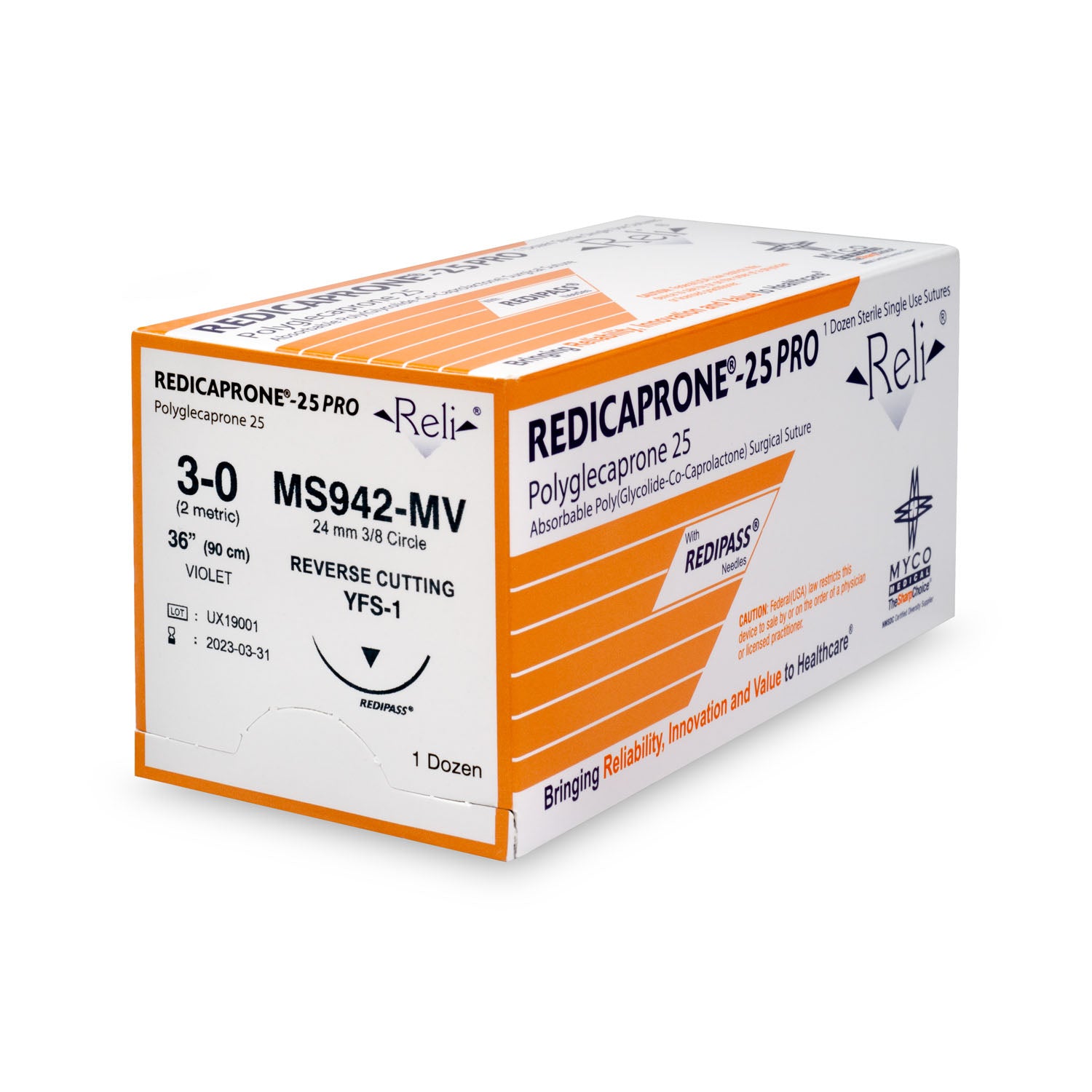 MS942-MV - Myco Medical - 縫線,3-0,Redicaprone,紫色,單絲,36英寸,YFS-1,12條/盒(僅限美國),盒
