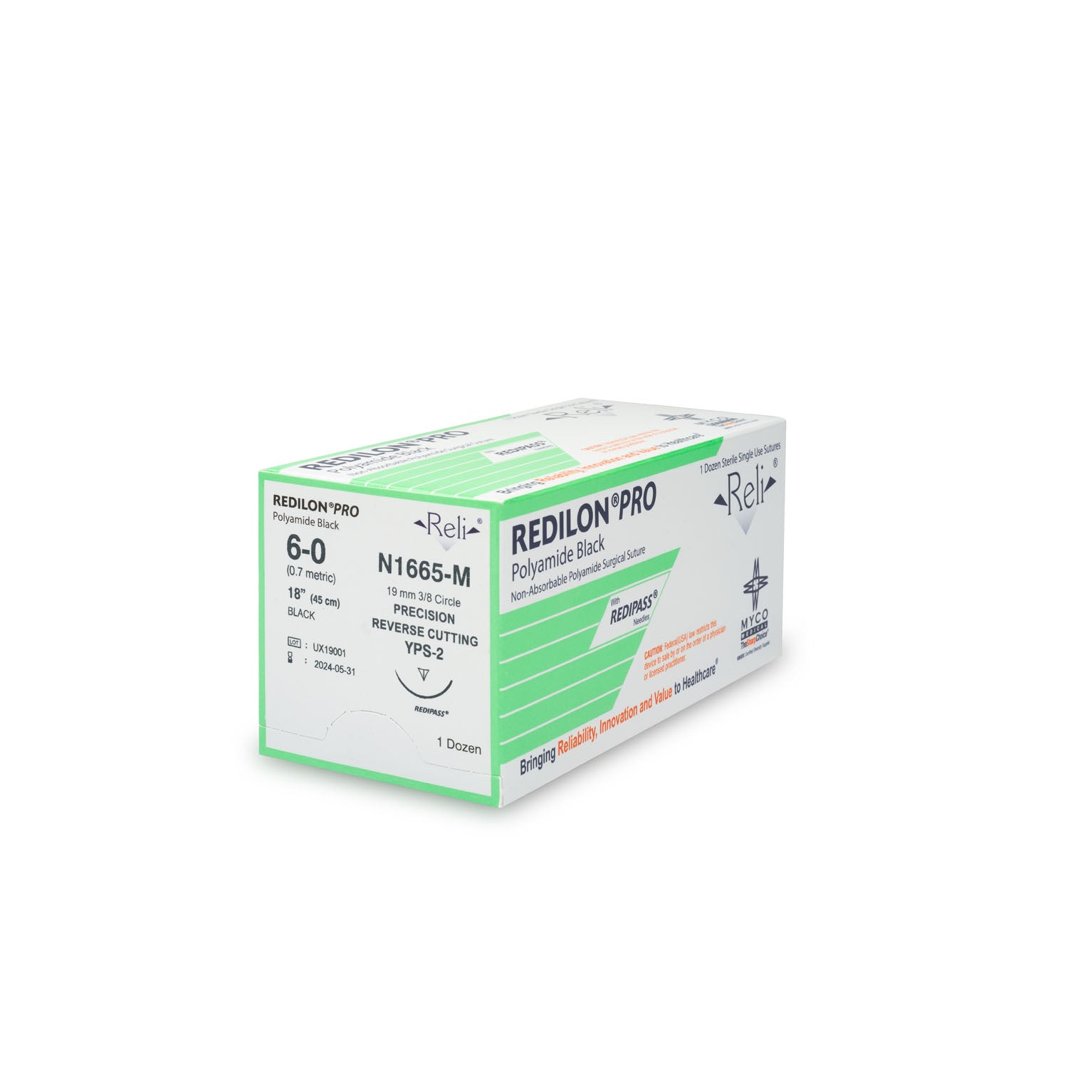 N1665-M - Myco Medical - 縫線,6-0,Redilon,黑色,單絲,18英寸,YPS-2,12條/盒(僅限美國),盒