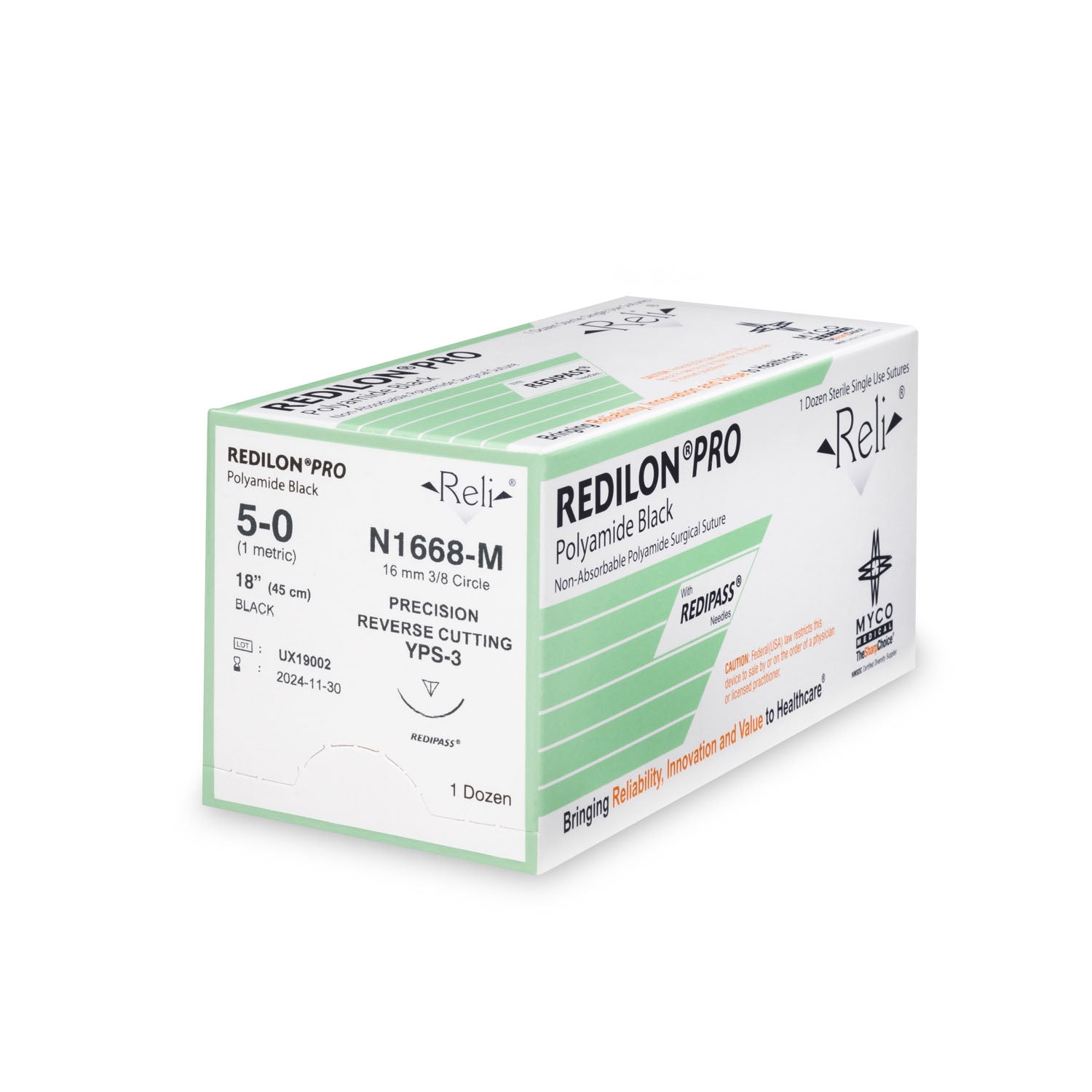 N1668-M - Myco Medical - 縫線,5-0,Redilon,黑色,單絲,18英寸,YPS-3,12條/盒(僅限美國),盒
