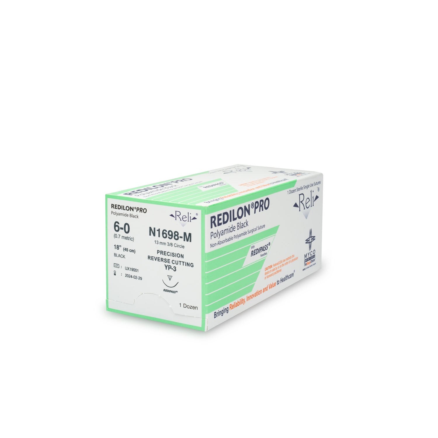 N1698-M - Myco Medical - 縫線,6-0,Redilon,黑色,單絲,18英寸,YP-3,12條/盒(僅限美國),盒