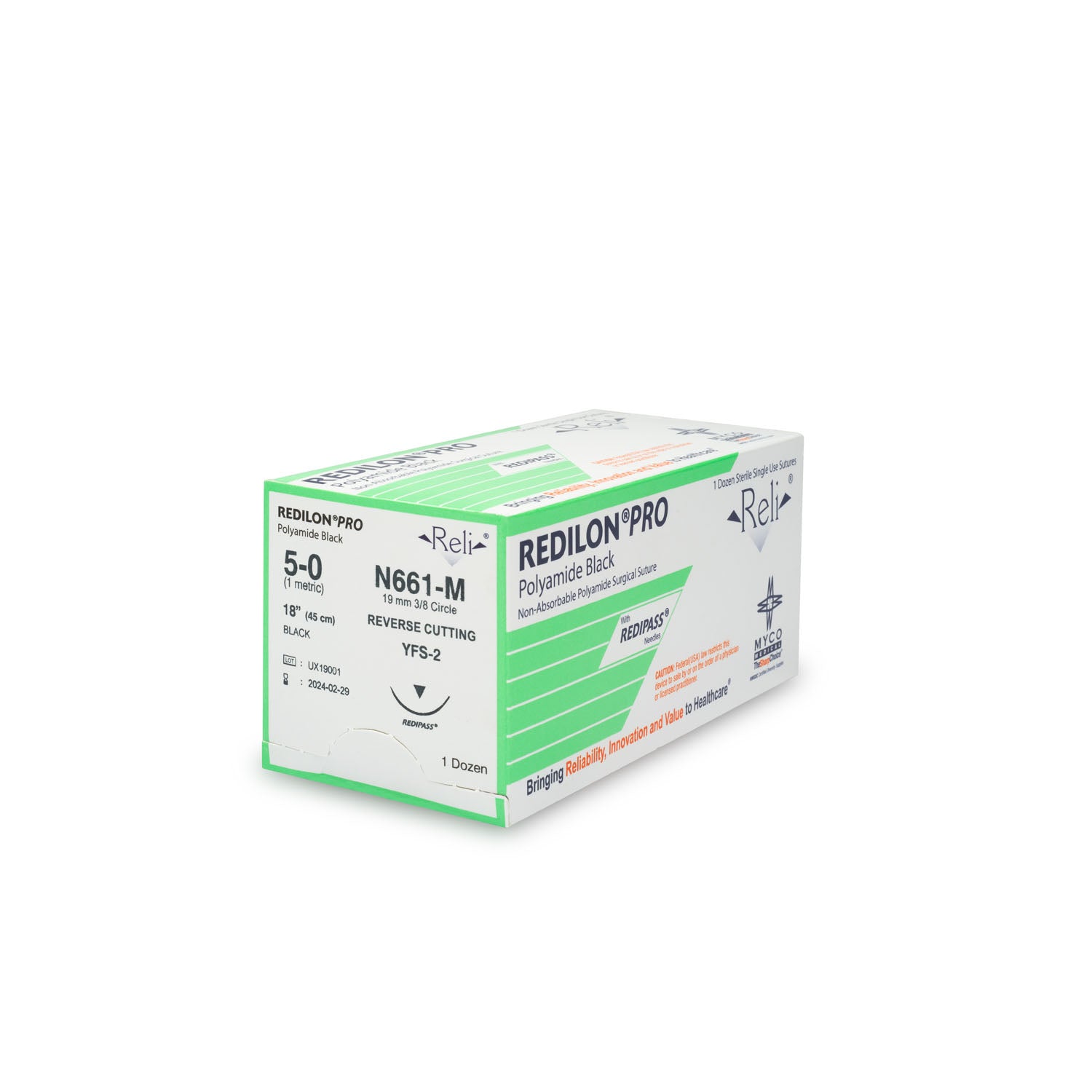 N661-M - Myco Medical - 縫線,5-0,Redilon,黑色,單絲,18英寸,YFS-2,12根/盒(僅限美國),盒