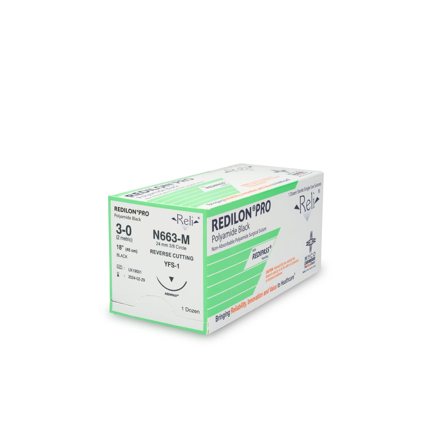 N663-M - Myco Medical - 縫線,3-0,Redilon,黑色,單絲,18英寸,YFS-1,12條/盒(僅限美國),盒