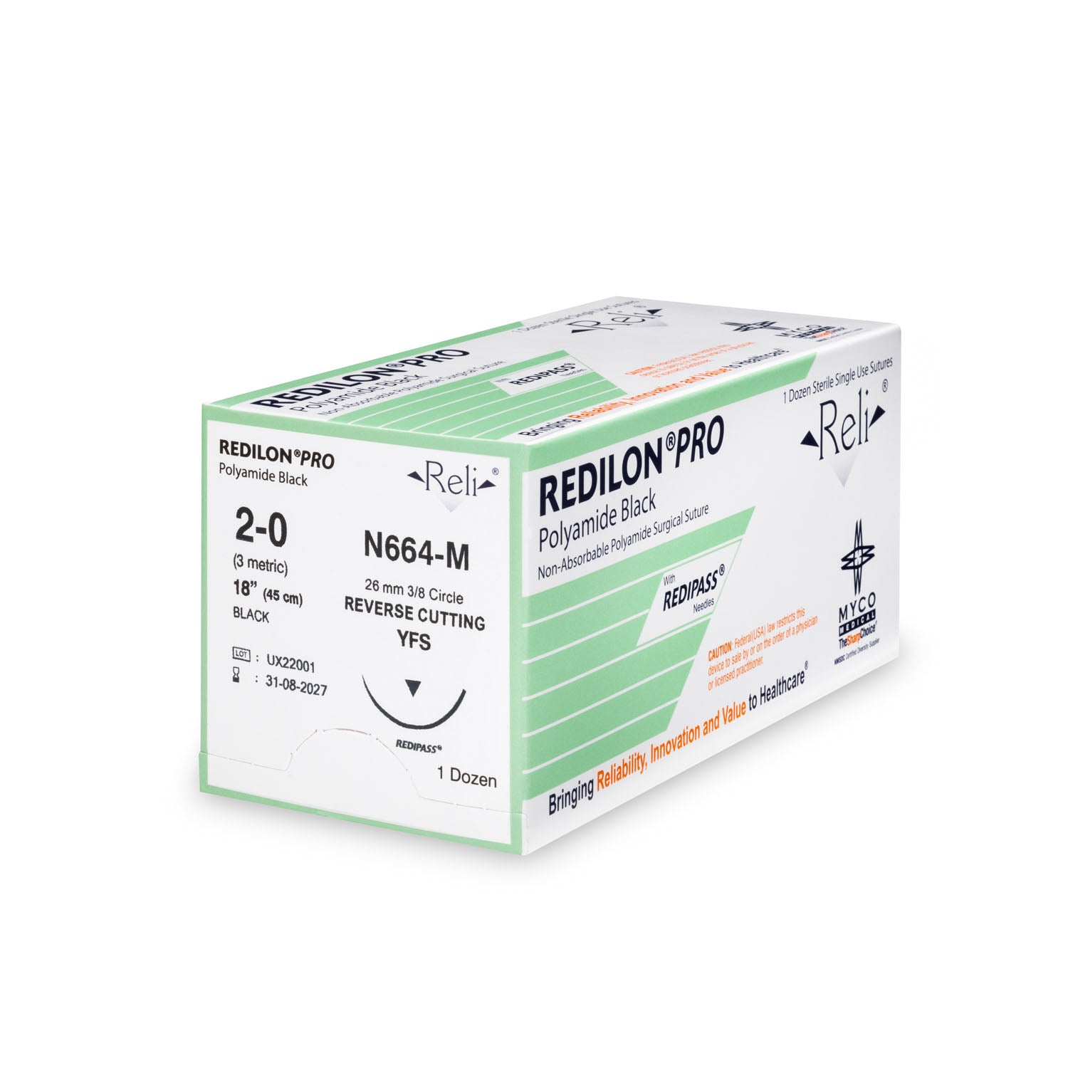 N664-M - Myco Medical - 縫線,2-0,Redilon,黑色,單絲,18英寸,YFS,12根/盒(僅限美國),盒