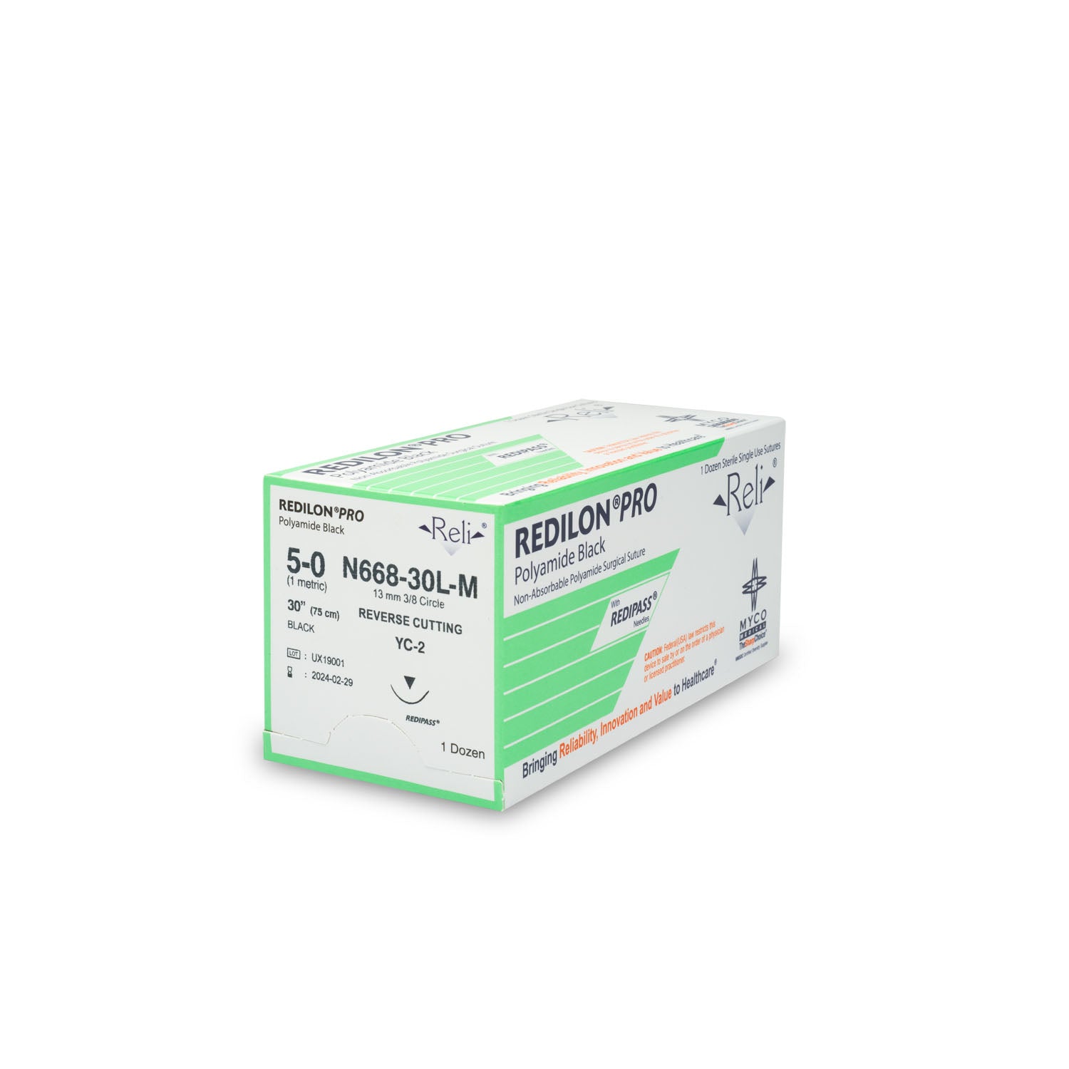 N668-30L-M - Myco Medical - 縫線,5-0,Redilon,黑色,單絲,30英寸,YC-2,12條/盒(僅限美國),盒