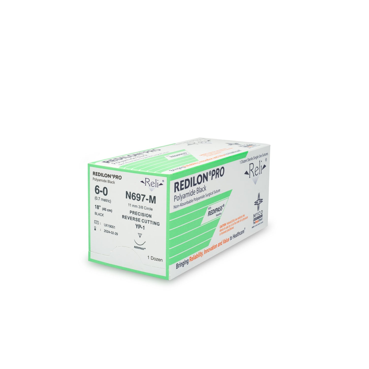 N697-M - Myco Medical - 縫線,6-0,Redilon,黑色,單絲,18英寸,YP-1,12條/盒(僅限美國),盒
