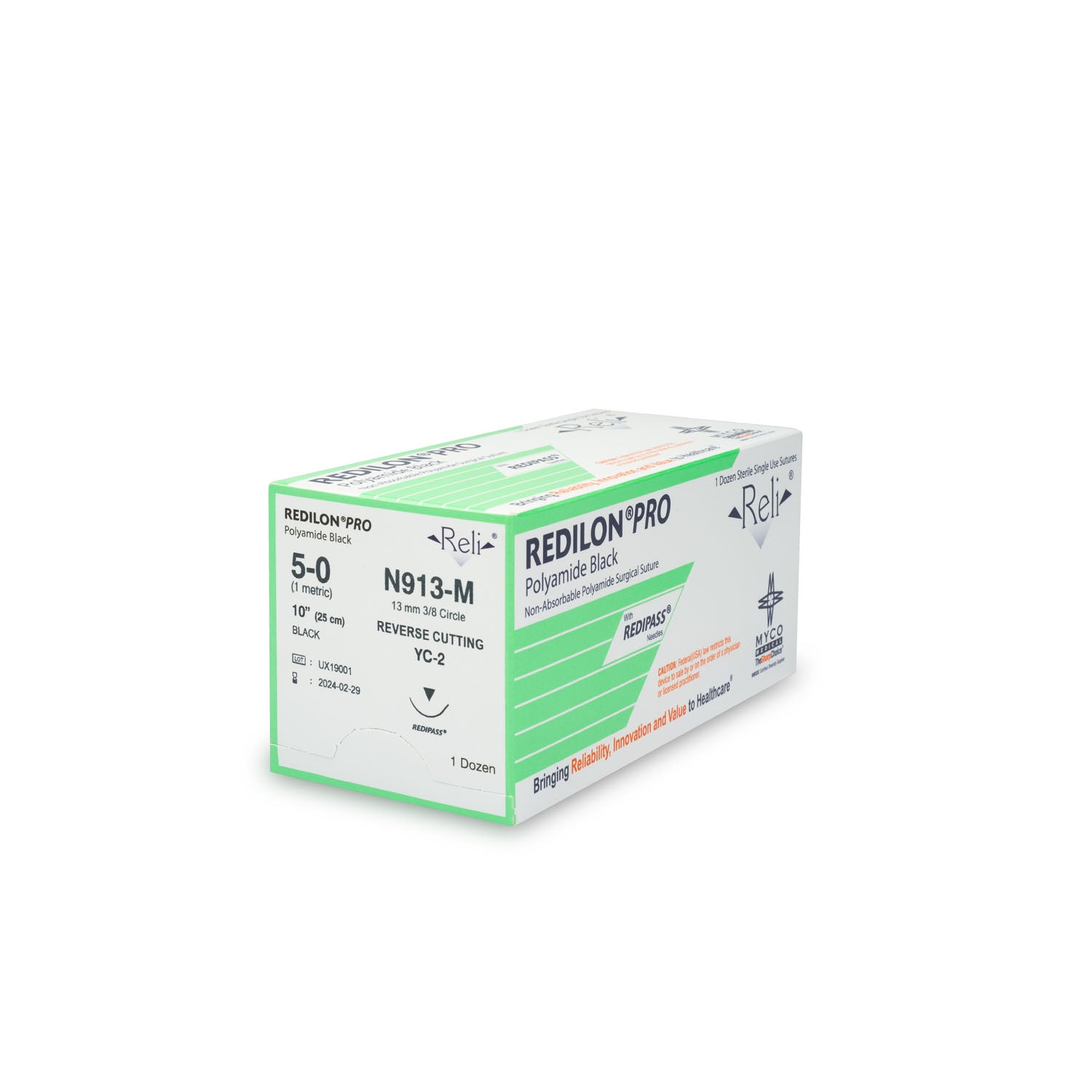 N913-M - Myco Medical - 縫線,5-0,Redilon,黑色,單絲,10英寸,YC-2,12根/盒(僅限美國),盒