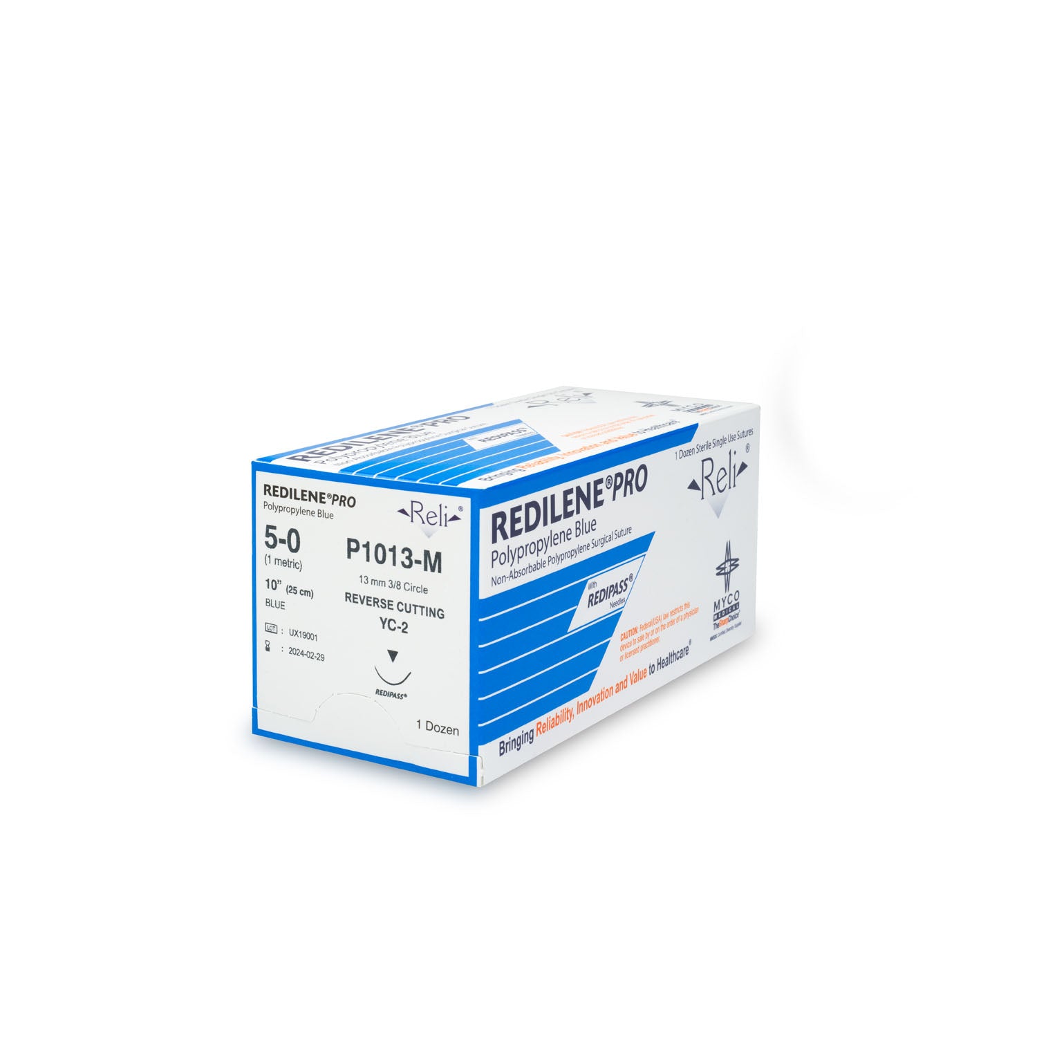 P1013-M - Myco Medical - 縫線,5-0,Redilene,藍色,單絲,10英寸,YC-2,12條/盒(僅限美國),盒