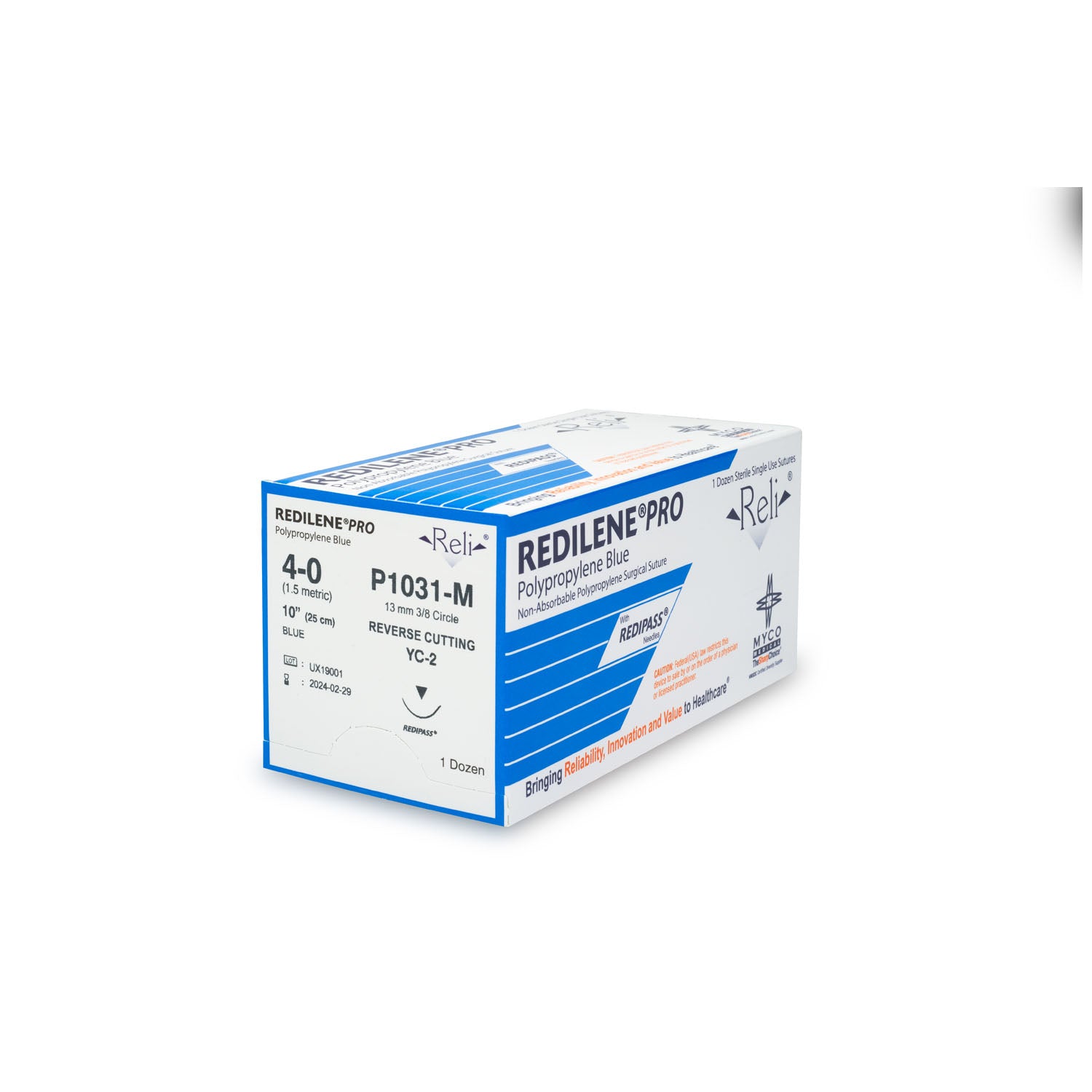P1031-M - Myco Medical - 縫線,4-0,Redilene,藍色,單絲,10英寸,YC-2,12條/盒(僅限美國),盒